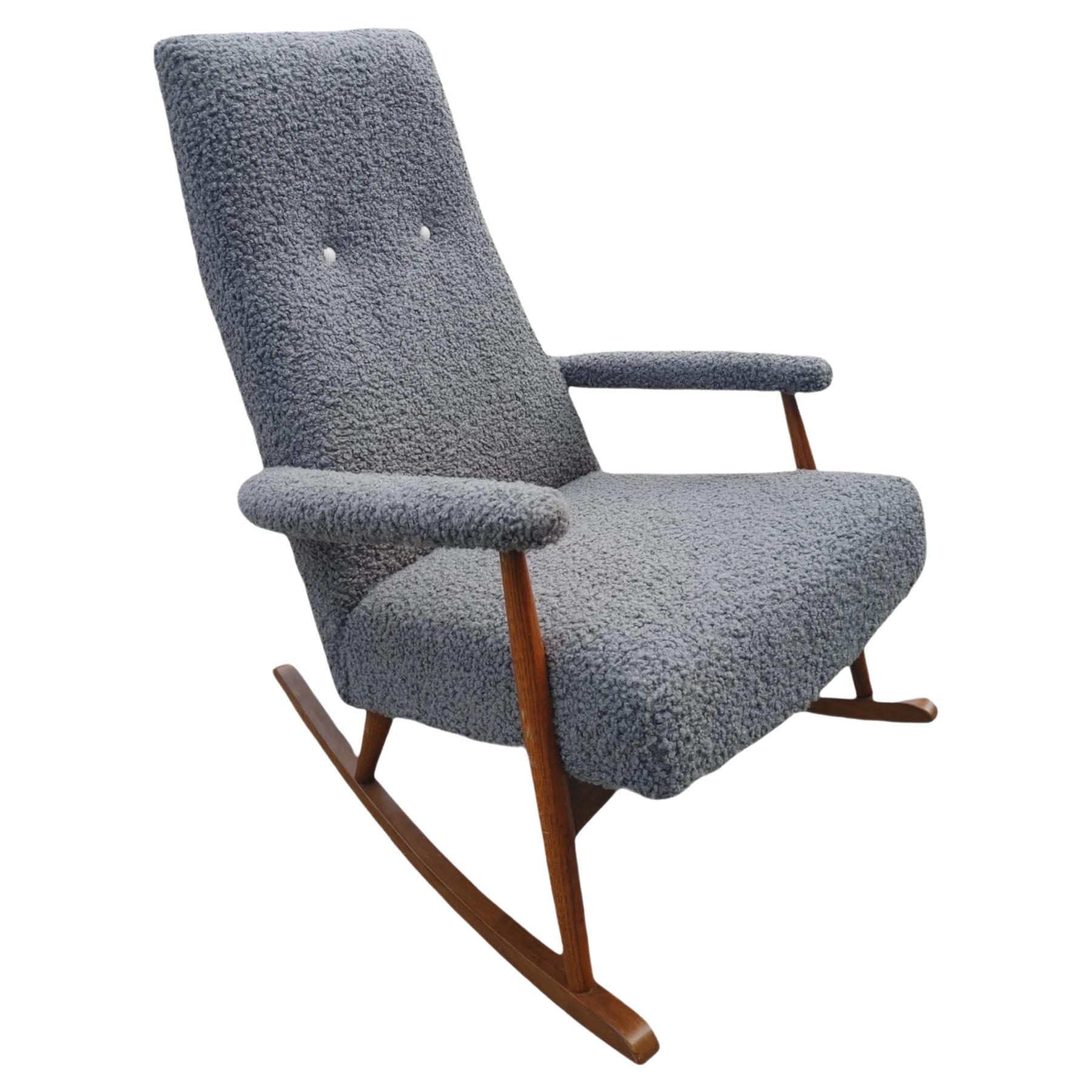 Mid-Century Danish Modern Rocking Chair in Gray Boucle Fabric