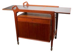 Midcentury Danish Modern Rolling Teak Bar Serving Cart with Extendable Top