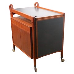  Midcentury Danish Modern Rolling Teak Bar Serving Cart with Extendable Top