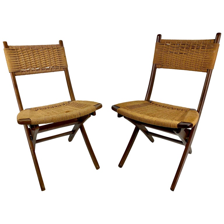 Mid Century Danish Modern Rope Folding Chairs Set of 2 at 1stDibs