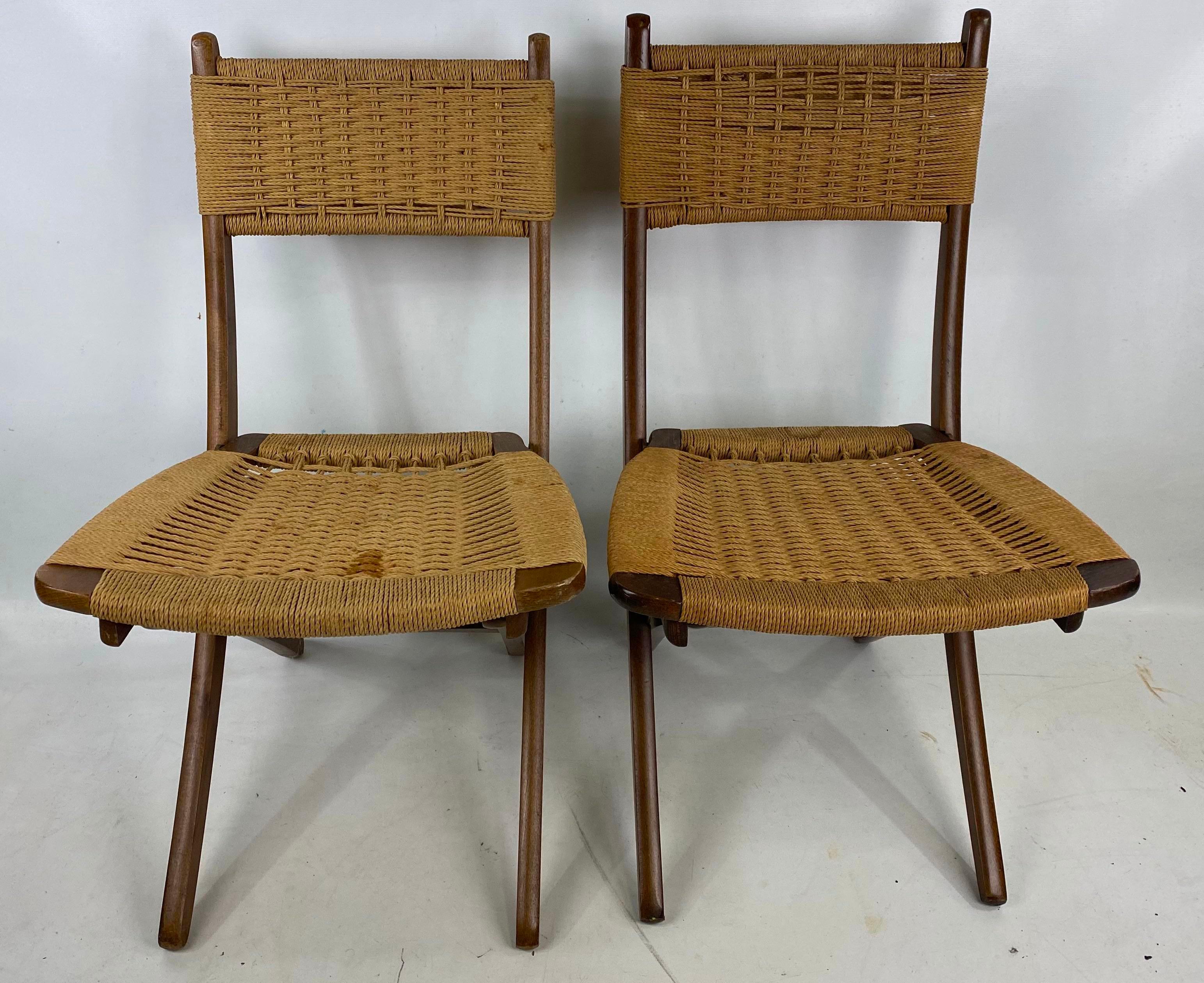 Midcentury Danish modern rope folding chairs set of 2.