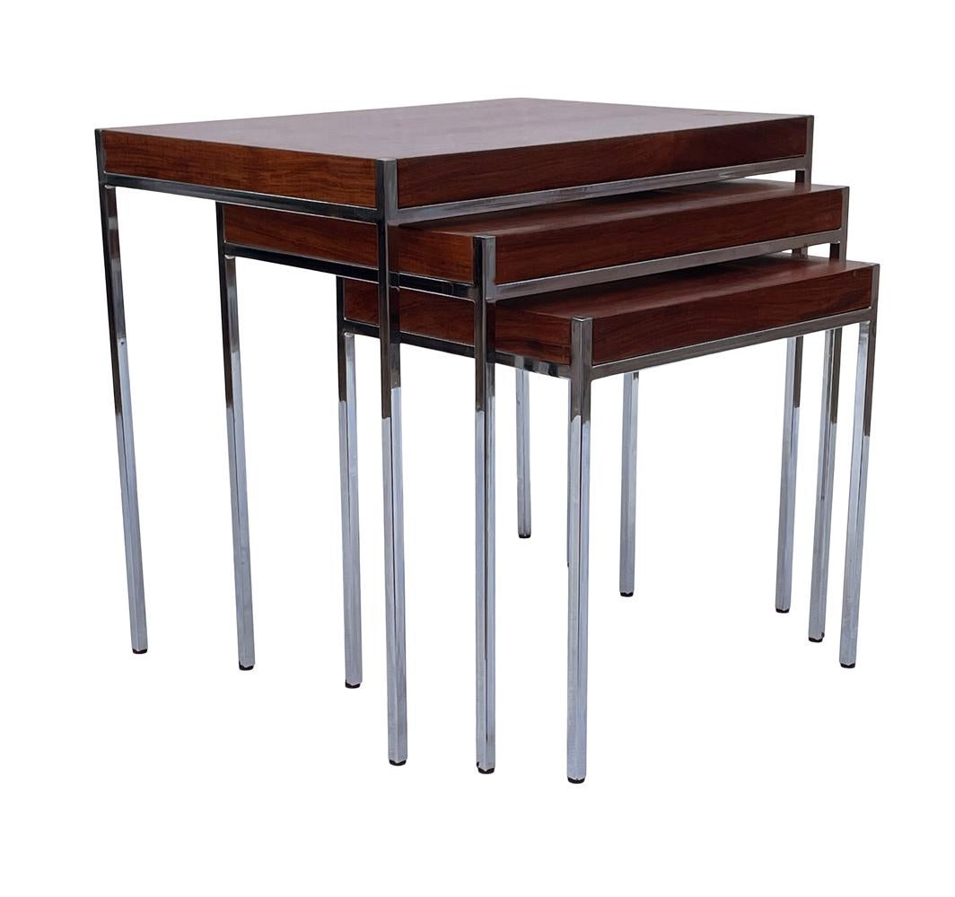 Midcentury Danish Modern Rosewood and Chrome Nesting Tables or Side Tables In Good Condition For Sale In Philadelphia, PA