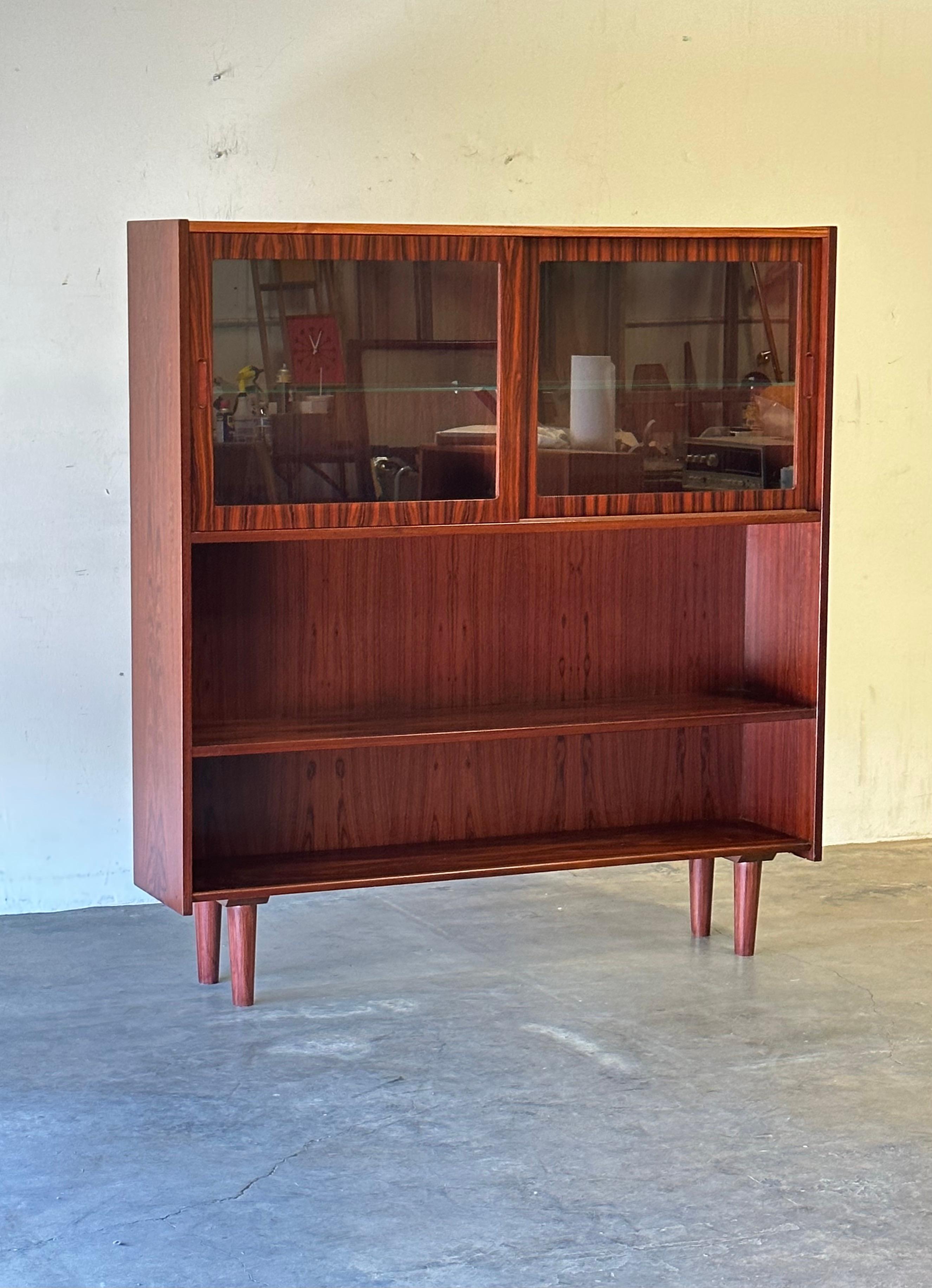 Glass Midcentury Danish Modern Rosewood Bookcase Display Cabinet For Sale
