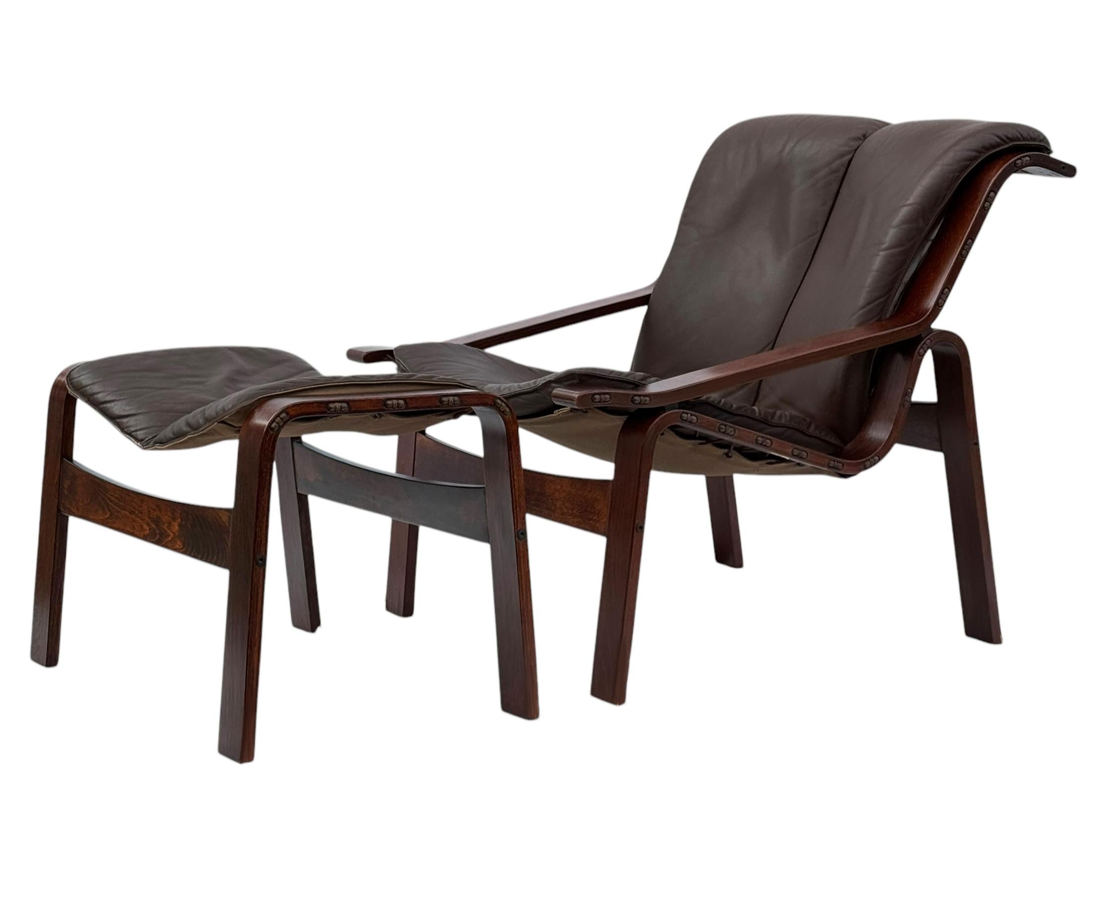 Norwegian Mid-Century Danish Modern Rosewood & Brown Leather Lounge Chair & Ottoman Set For Sale