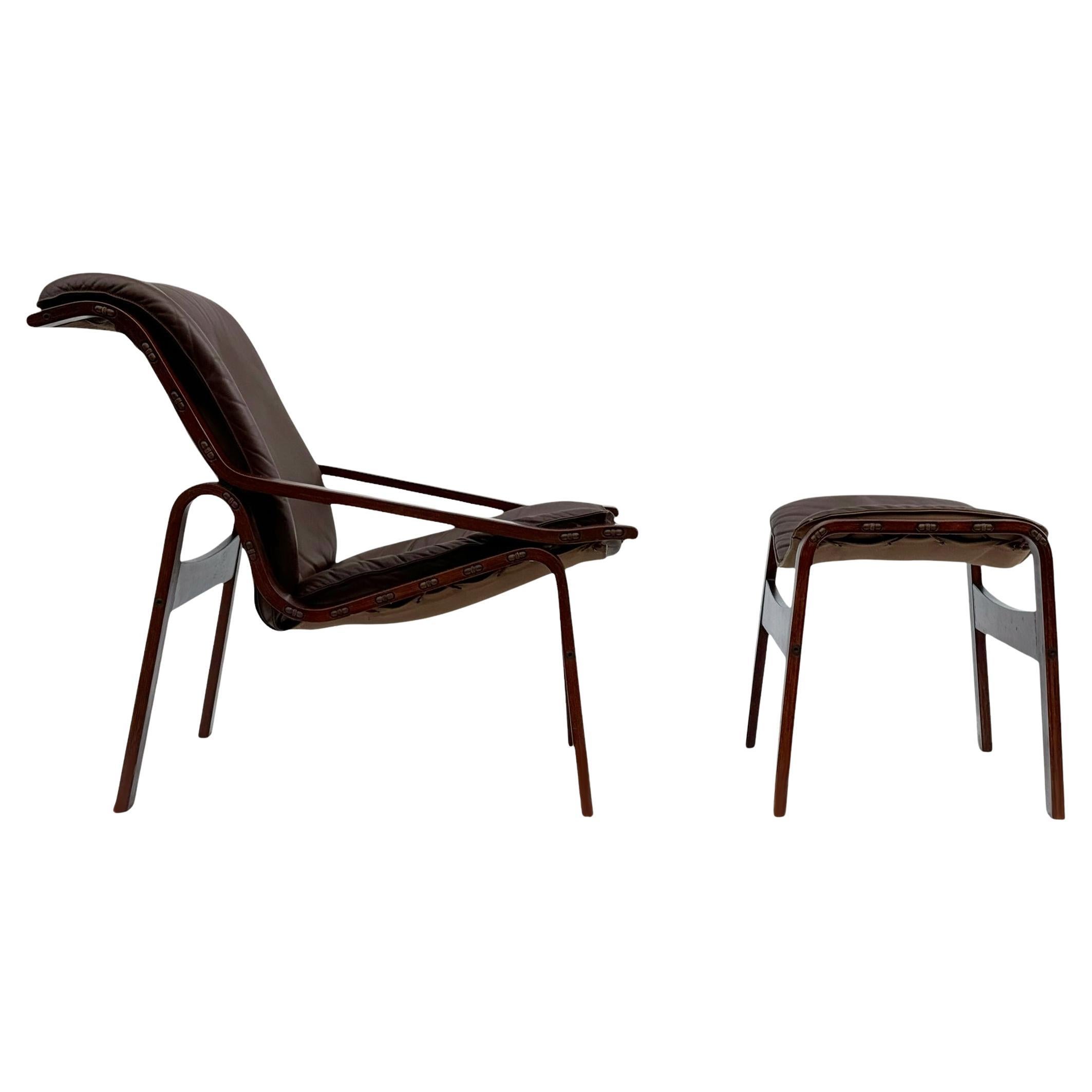 Mid-Century Danish Modern Rosewood & Brown Leather Lounge Chair & Ottoman Set