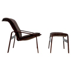 Used Mid-Century Danish Modern Rosewood & Brown Leather Lounge Chair & Ottoman Set
