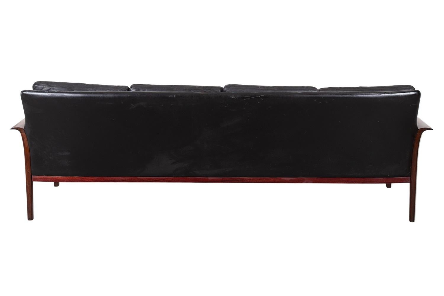 Mid-Century Danish Modern Rosewood Hans Olsen Sofa Couch Black Leather Cushions For Sale 6
