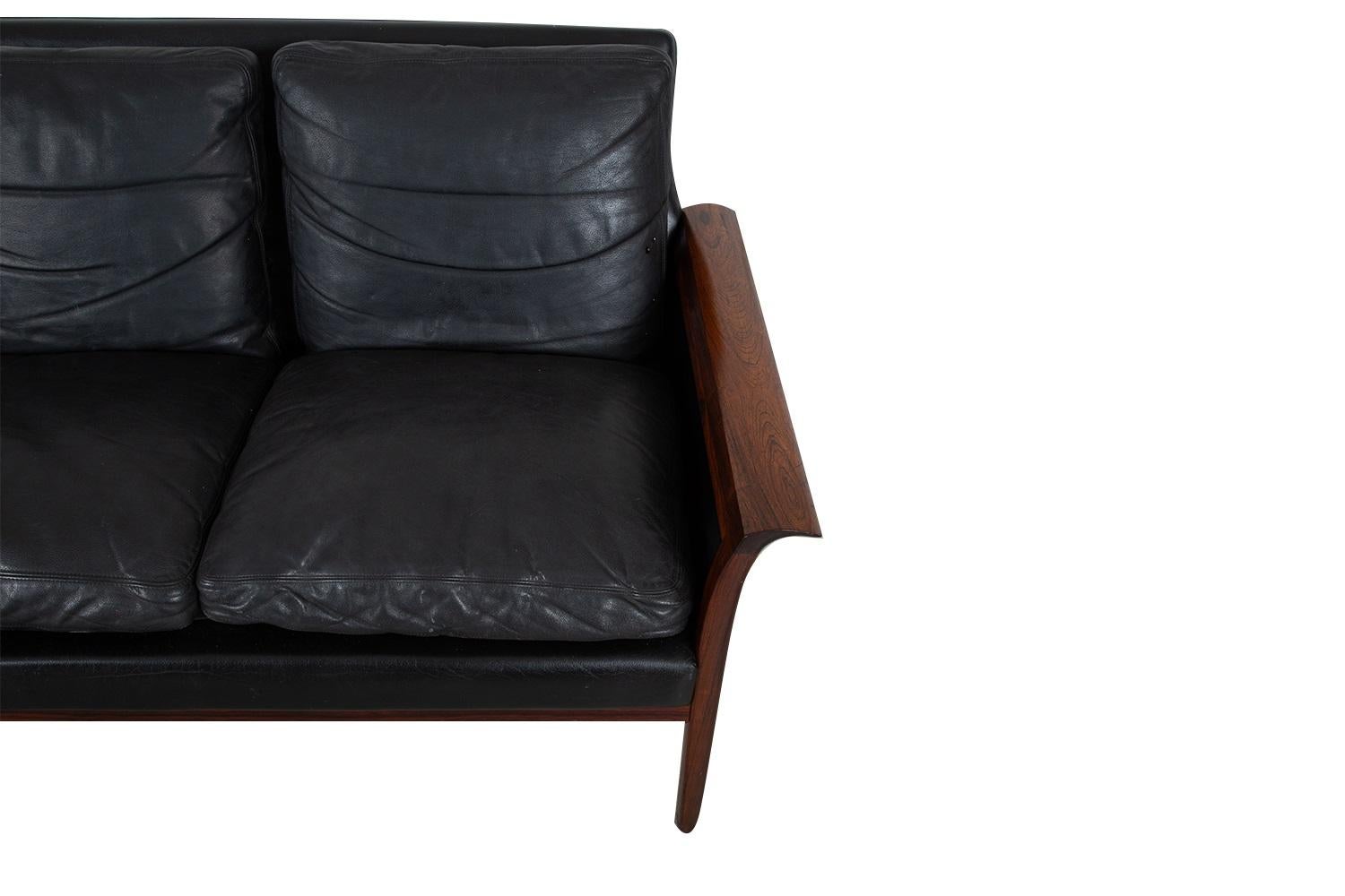 Mid-Century Modern Mid-Century Danish Modern Rosewood Hans Olsen Sofa Couch Black Leather Cushions For Sale