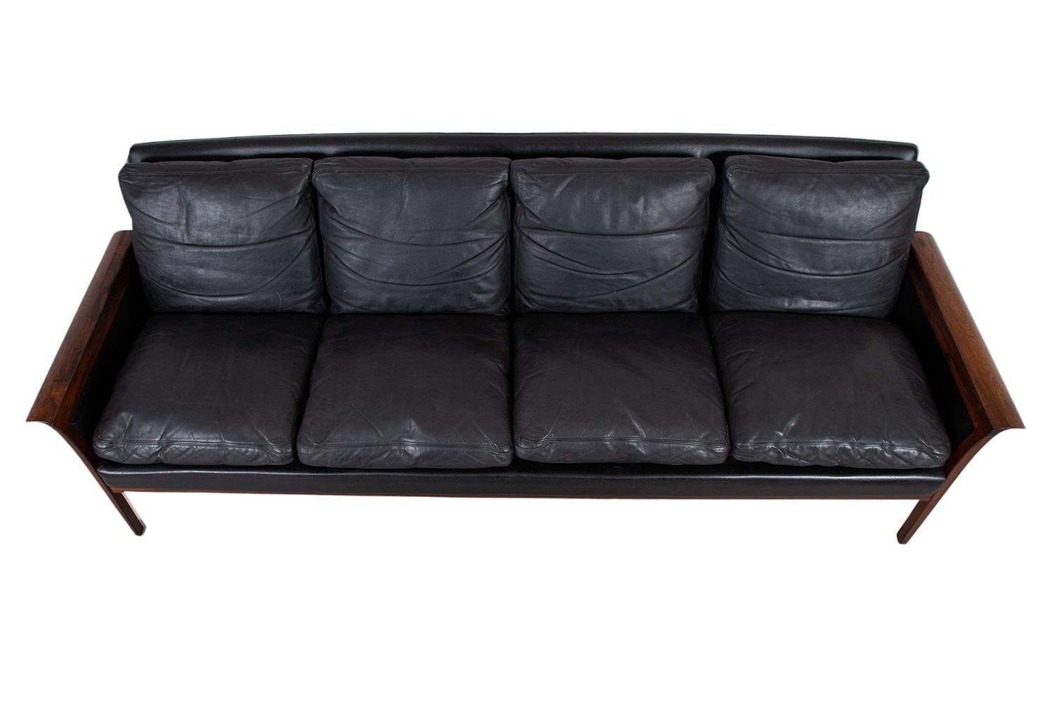 Mid-20th Century Mid-Century Danish Modern Rosewood Hans Olsen Sofa Couch Black Leather Cushions For Sale