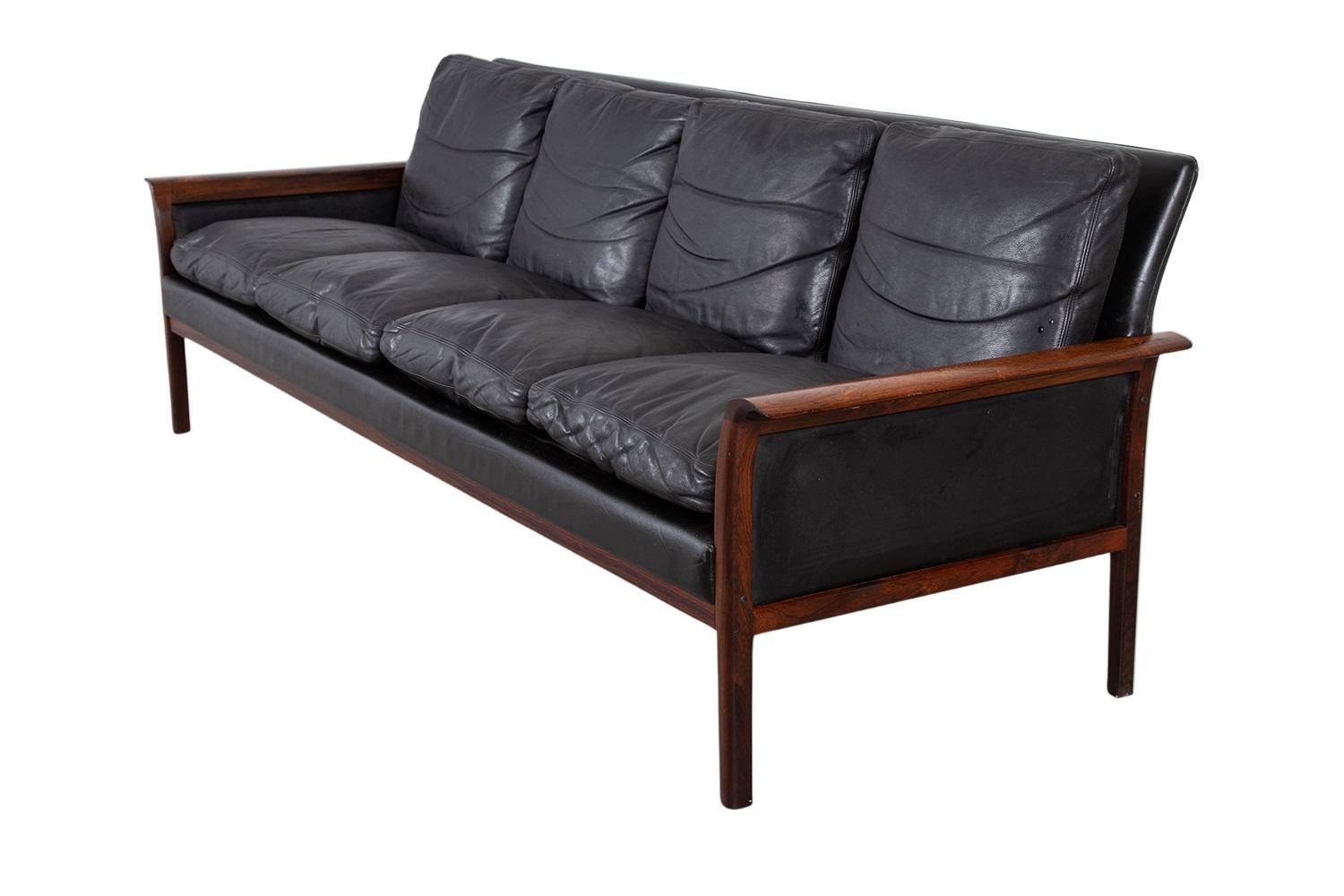 Mid-Century Danish Modern Rosewood Hans Olsen Sofa Couch Black Leather Cushions For Sale 1