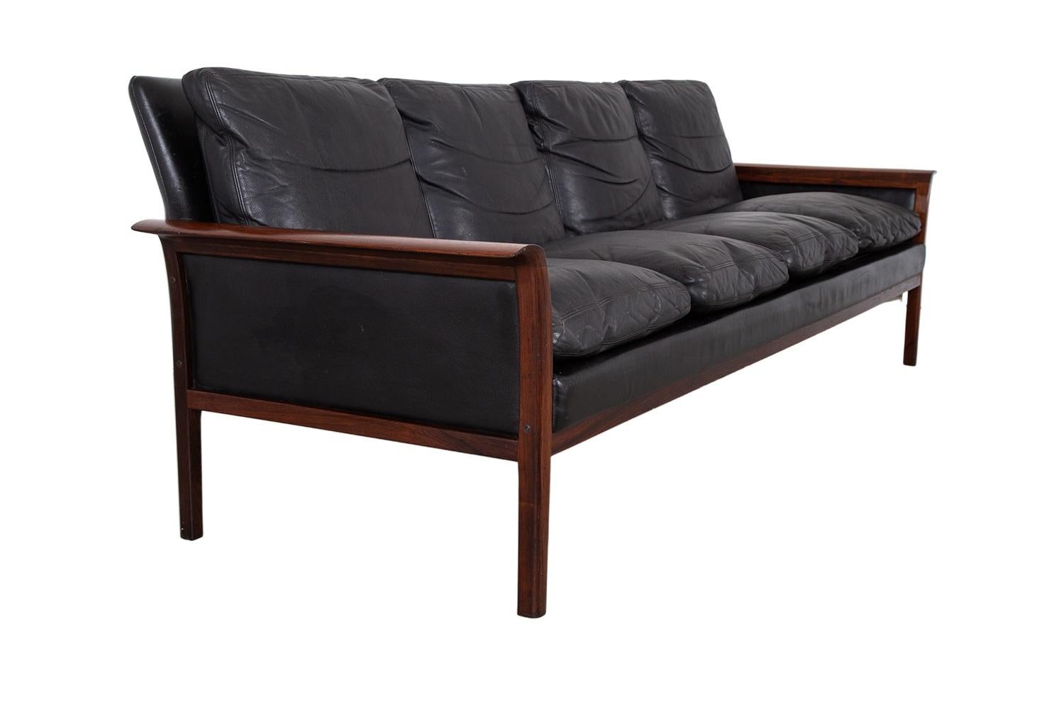 Mid-Century Danish Modern Rosewood Hans Olsen Sofa Couch Black Leather Cushions For Sale 2