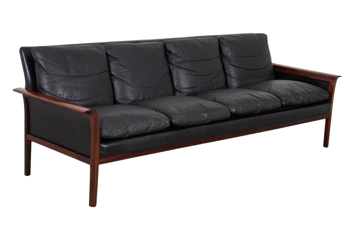 Mid-Century Danish Modern Rosewood Hans Olsen Sofa Couch Black Leather Cushions For Sale 3