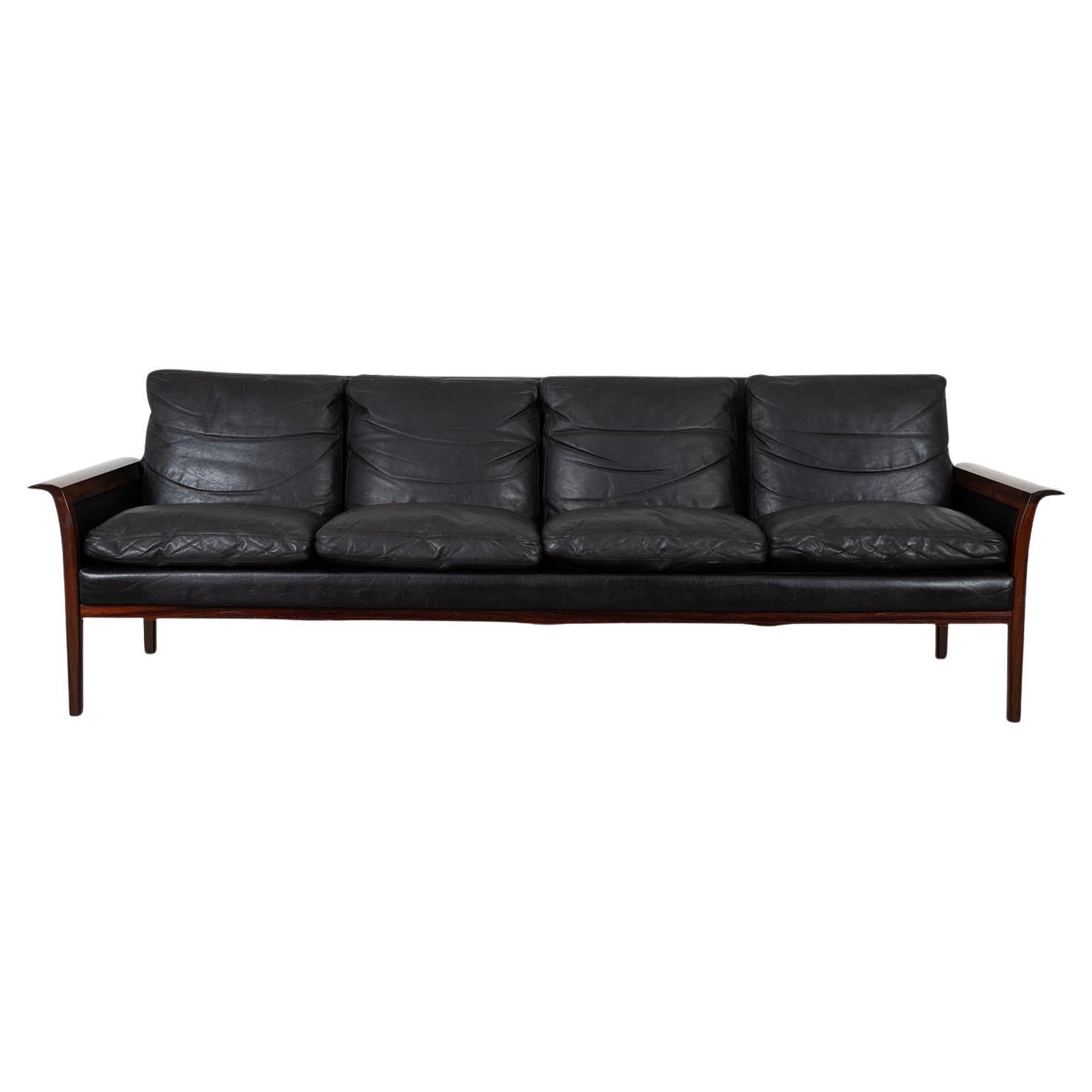 Mid-Century Danish Modern Rosewood Hans Olsen Sofa Couch Black Leather Cushions