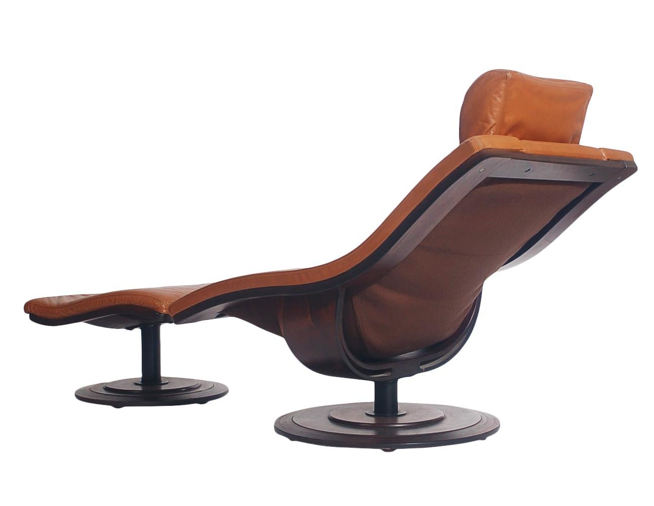 Mid-Century Danish Modern Rosewood & Leather Swivel Lounge Chair & Ottoman Set 1