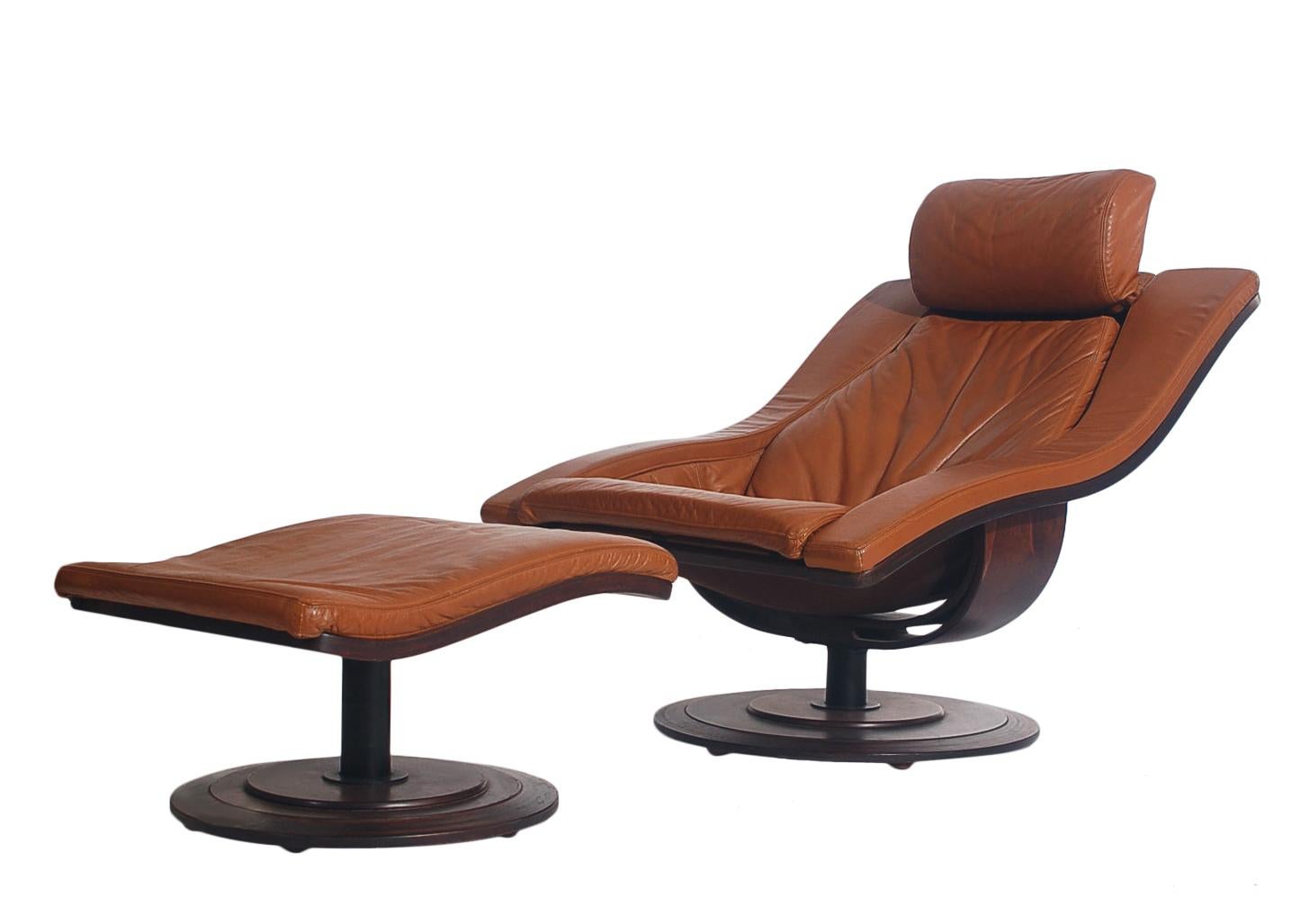 Swedish Mid-Century Danish Modern Rosewood & Leather Swivel Lounge Chair & Ottoman Set