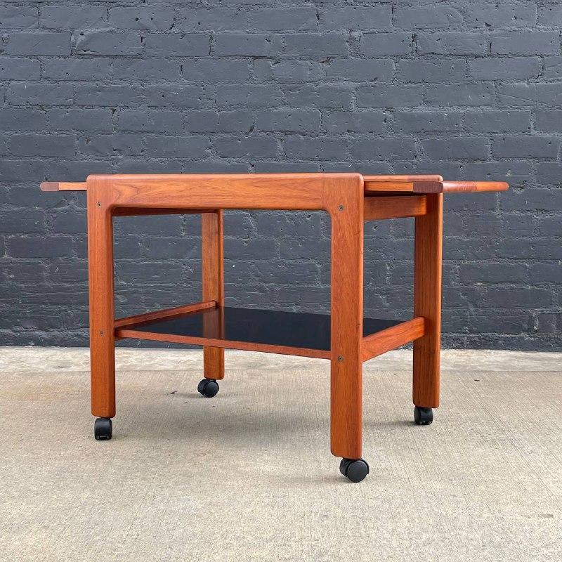 Formica Mid-Century Danish Modern Sculpted Teak Expanding Serving Bar Cart For Sale