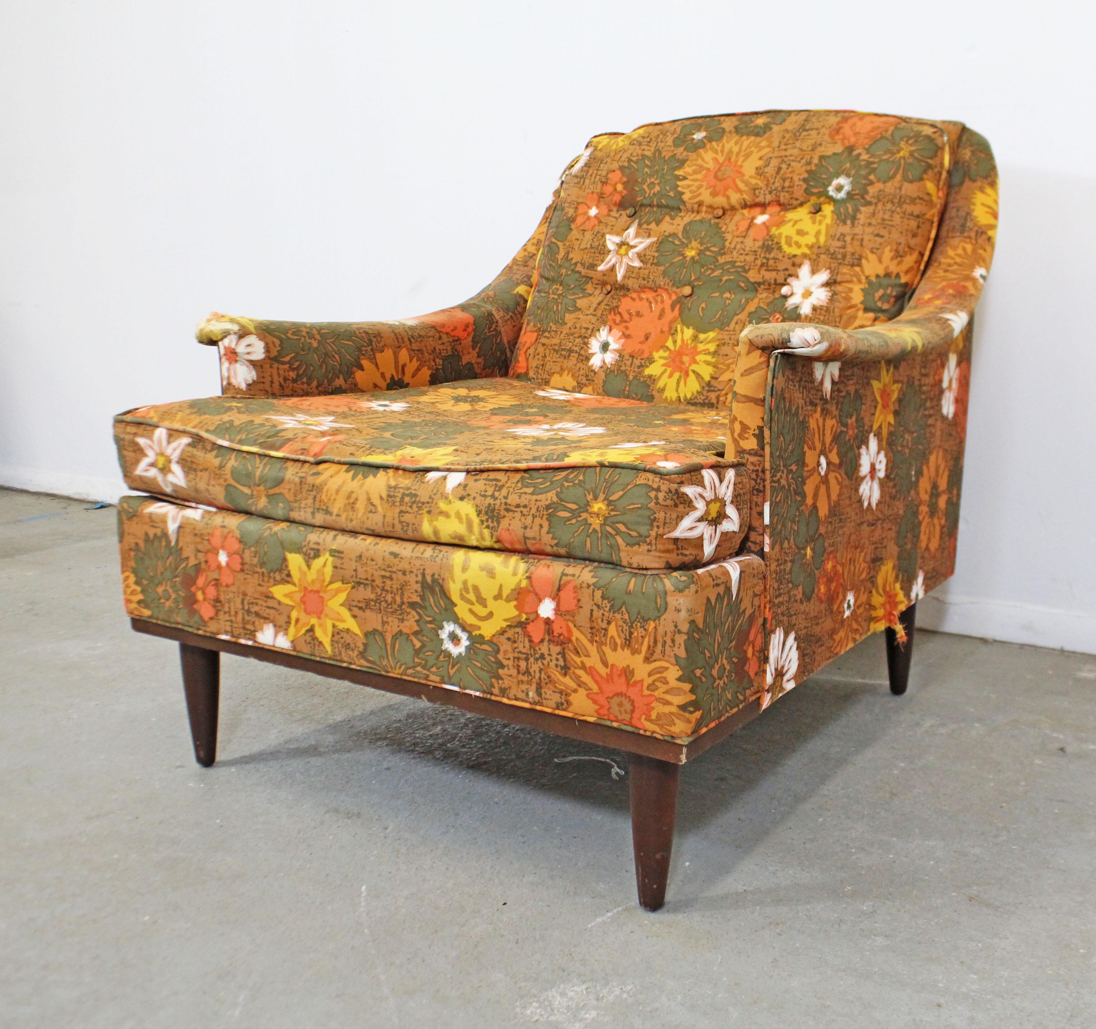 What a find. Offered is a vintage Mid-Century Modern lounge chair by Selig of Monroe. This chair has wonderful lines, but needs to be in reupholstered, is otherwise in structurally sound condition. The fabric shows obvious distress and some surface
