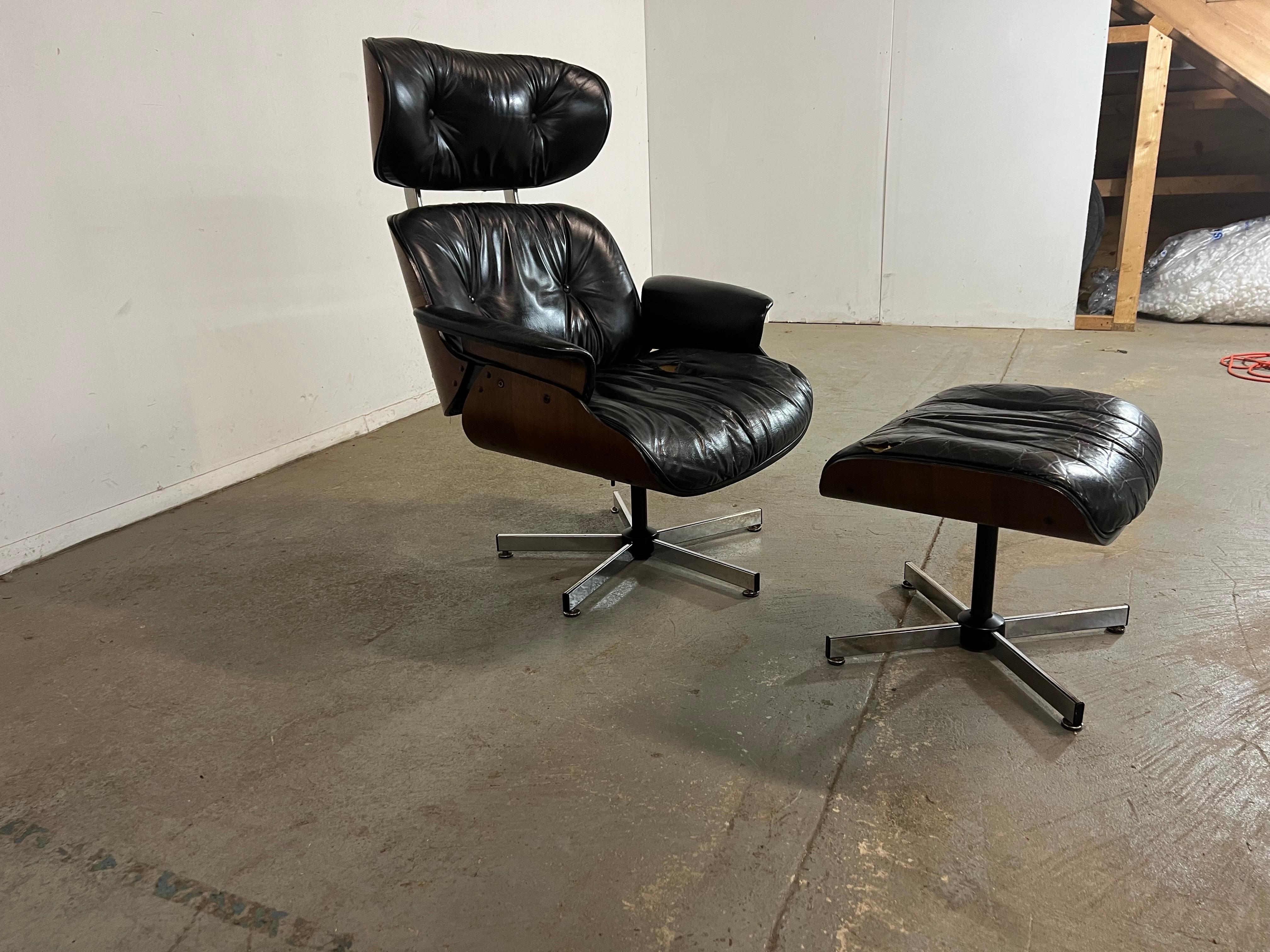 North American Mid Century Danish Modern Selig Swivel Rocker Lounge Chair and Ottoman