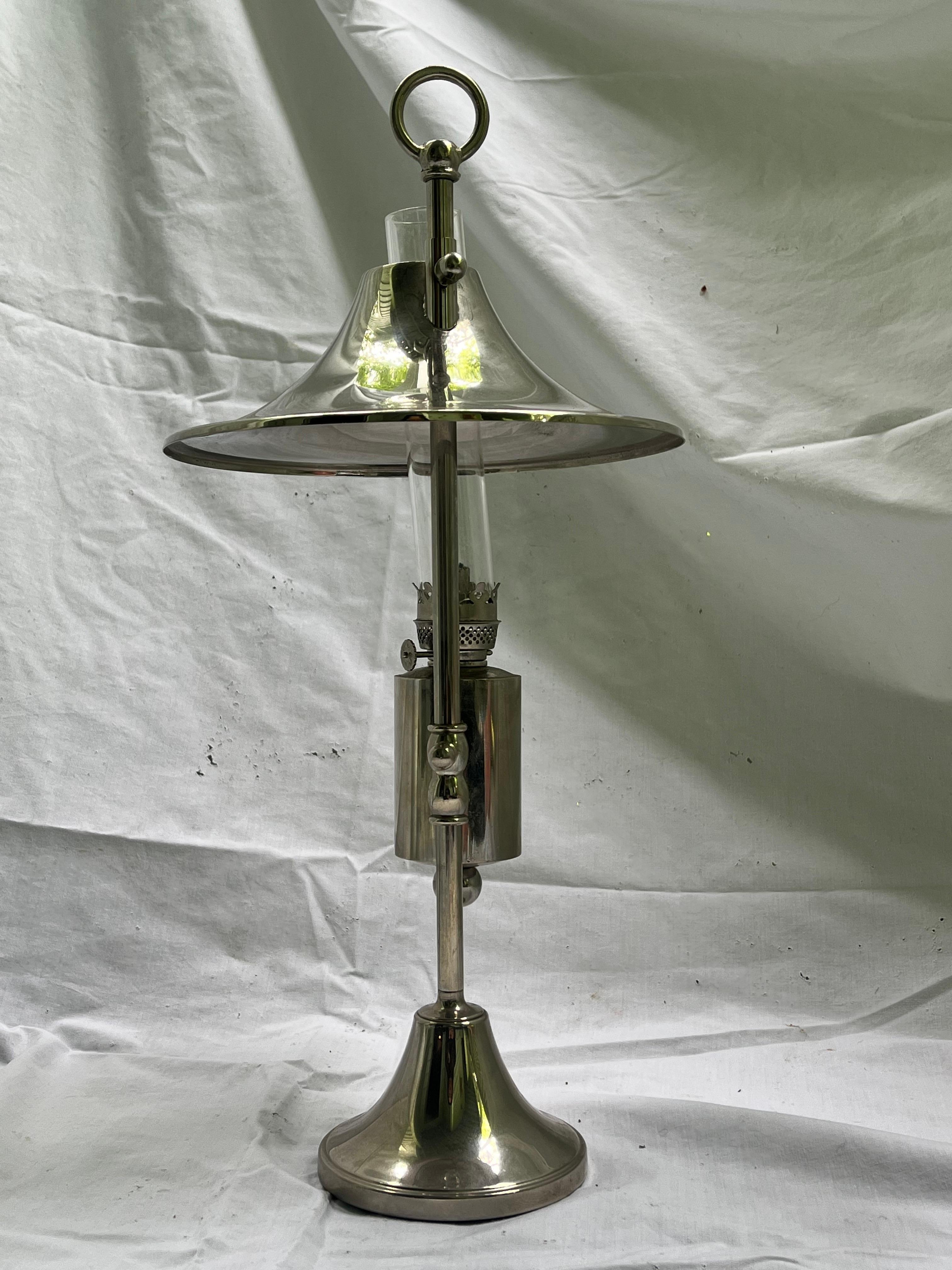 Mid Century Danish Modern Silver Plate Oil Lamp Adjustable Shade Glass Insert For Sale 5