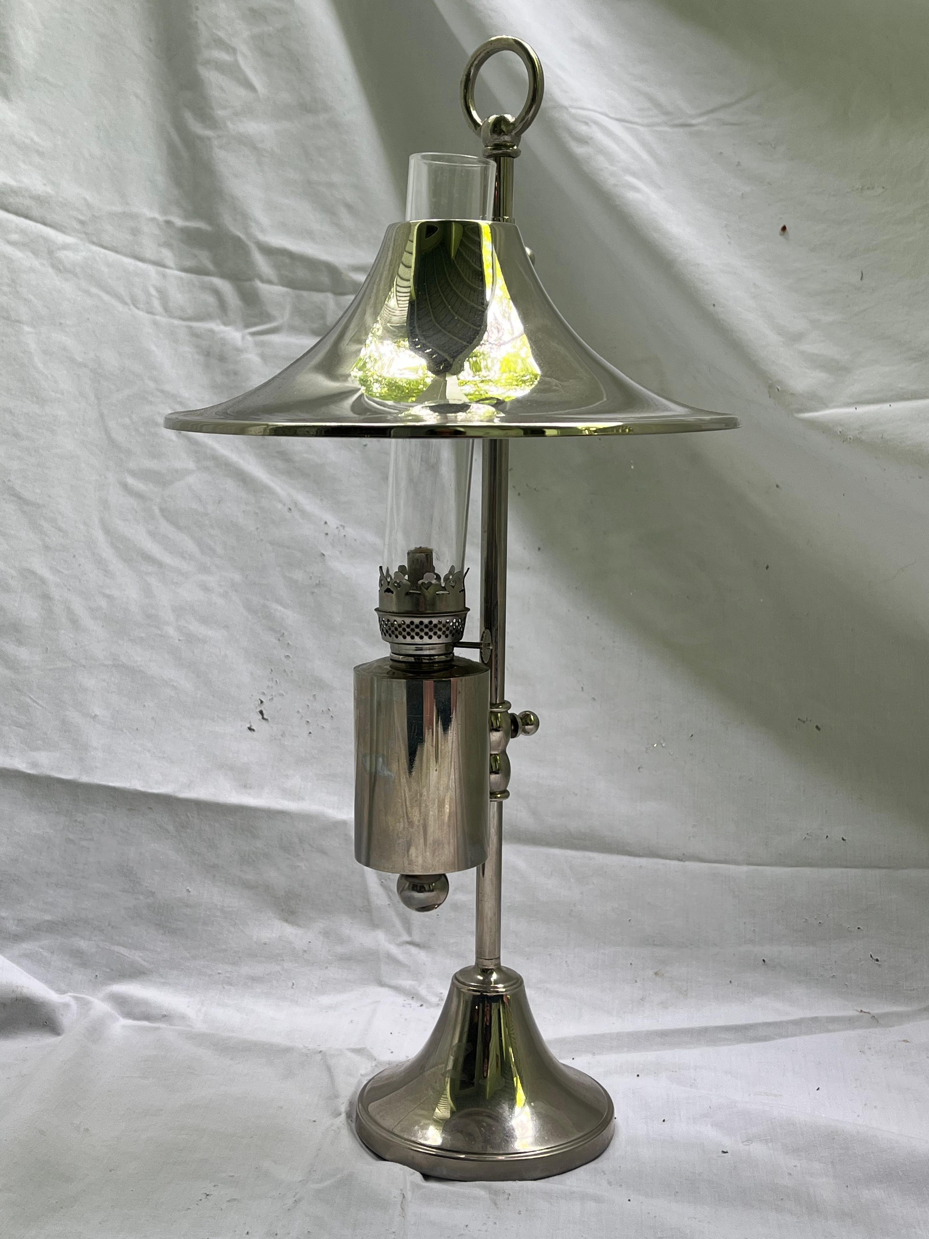 Mid Century Danish Modern Silver Plate Oil Lamp Adjustable Shade Glass Insert For Sale 6