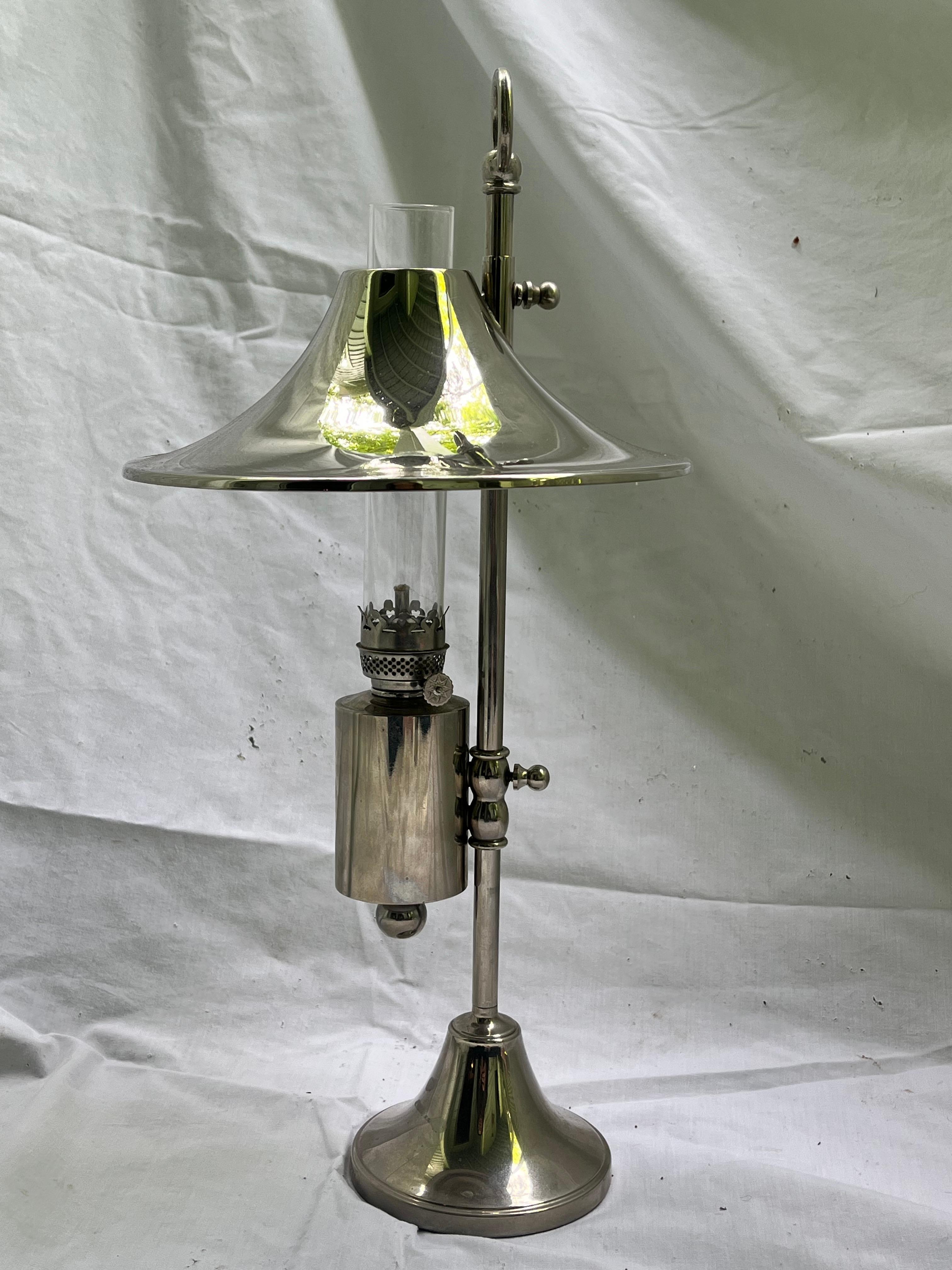 Mid Century Danish Modern Silver Plate Oil Lamp Adjustable Shade Glass Insert For Sale 7
