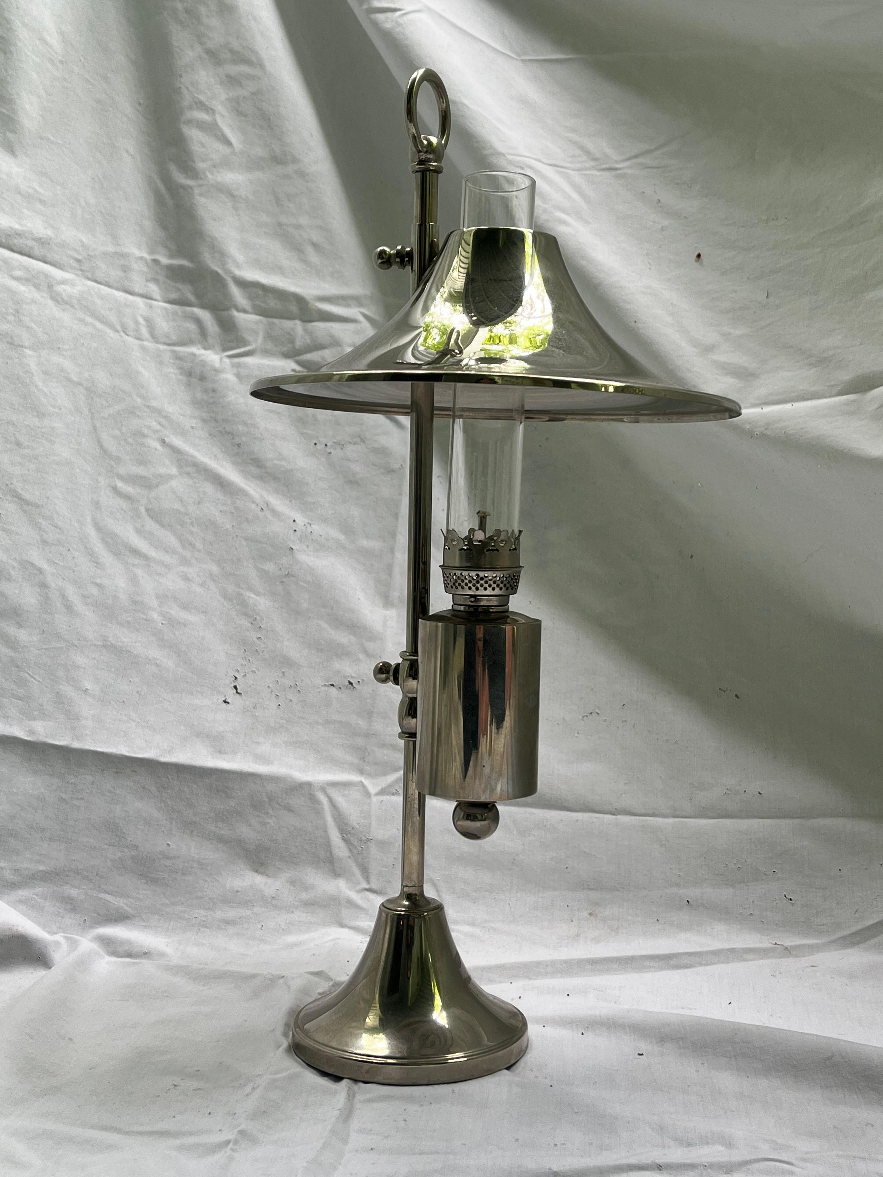 Mid Century Danish Modern Silver Plate Oil Lamp Adjustable Shade Glass Insert For Sale 8