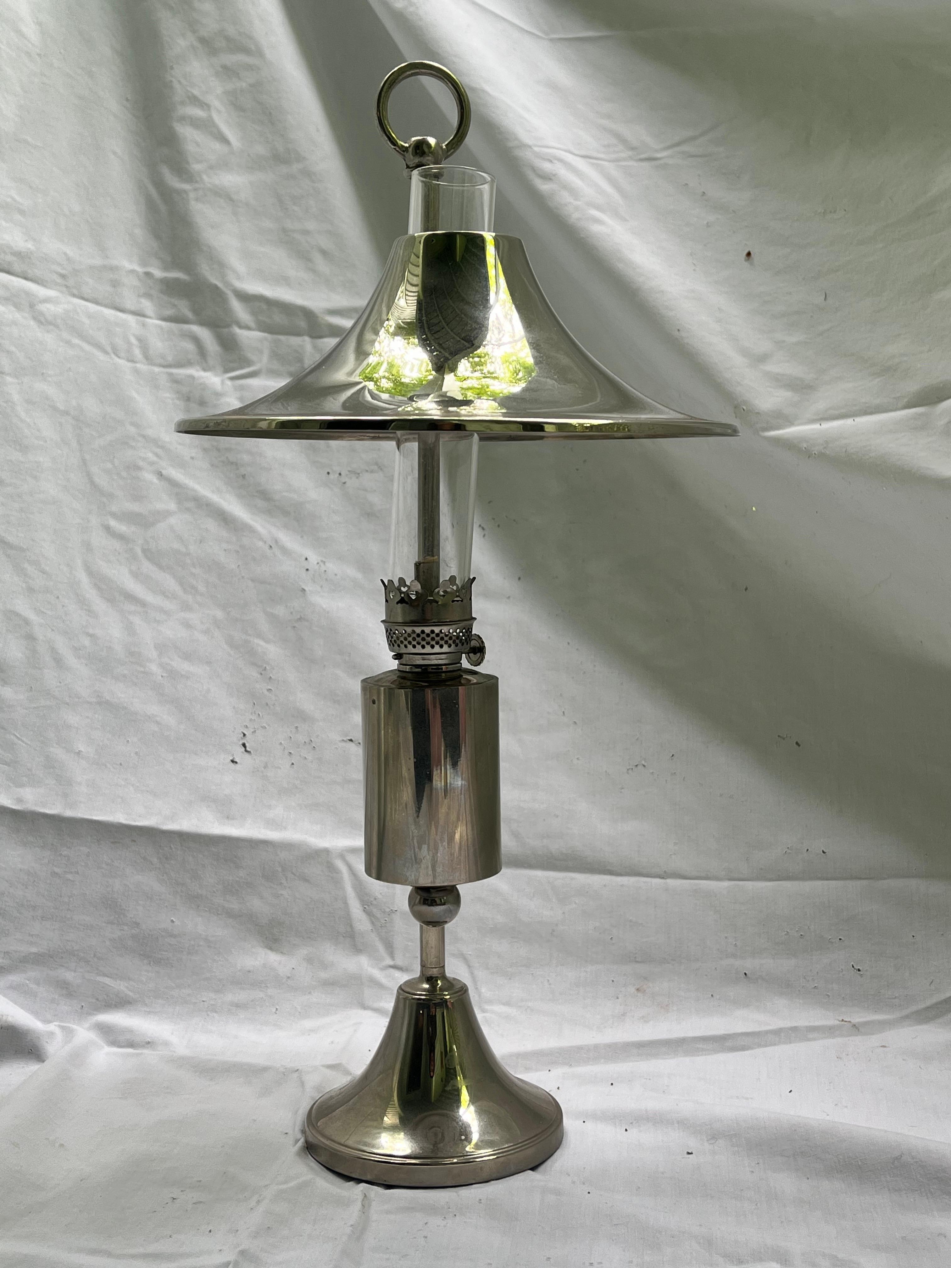 Mid Century Danish Modern Silver Plate Oil Lamp Adjustable Shade Glass Insert For Sale 9