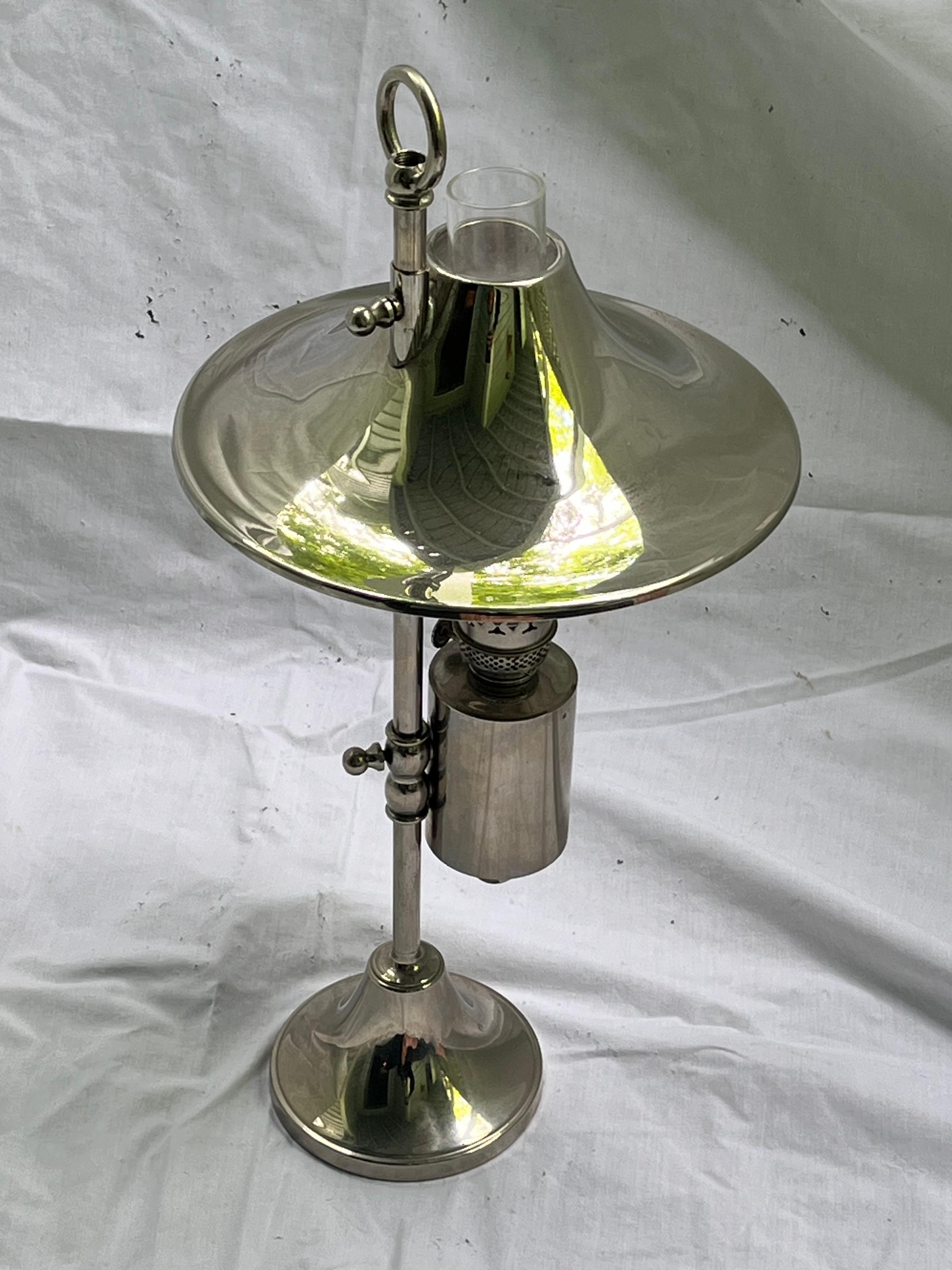 Mid Century Danish Modern Silver Plate Oil Lamp Adjustable Shade Glass Insert In Good Condition For Sale In Atlanta, GA
