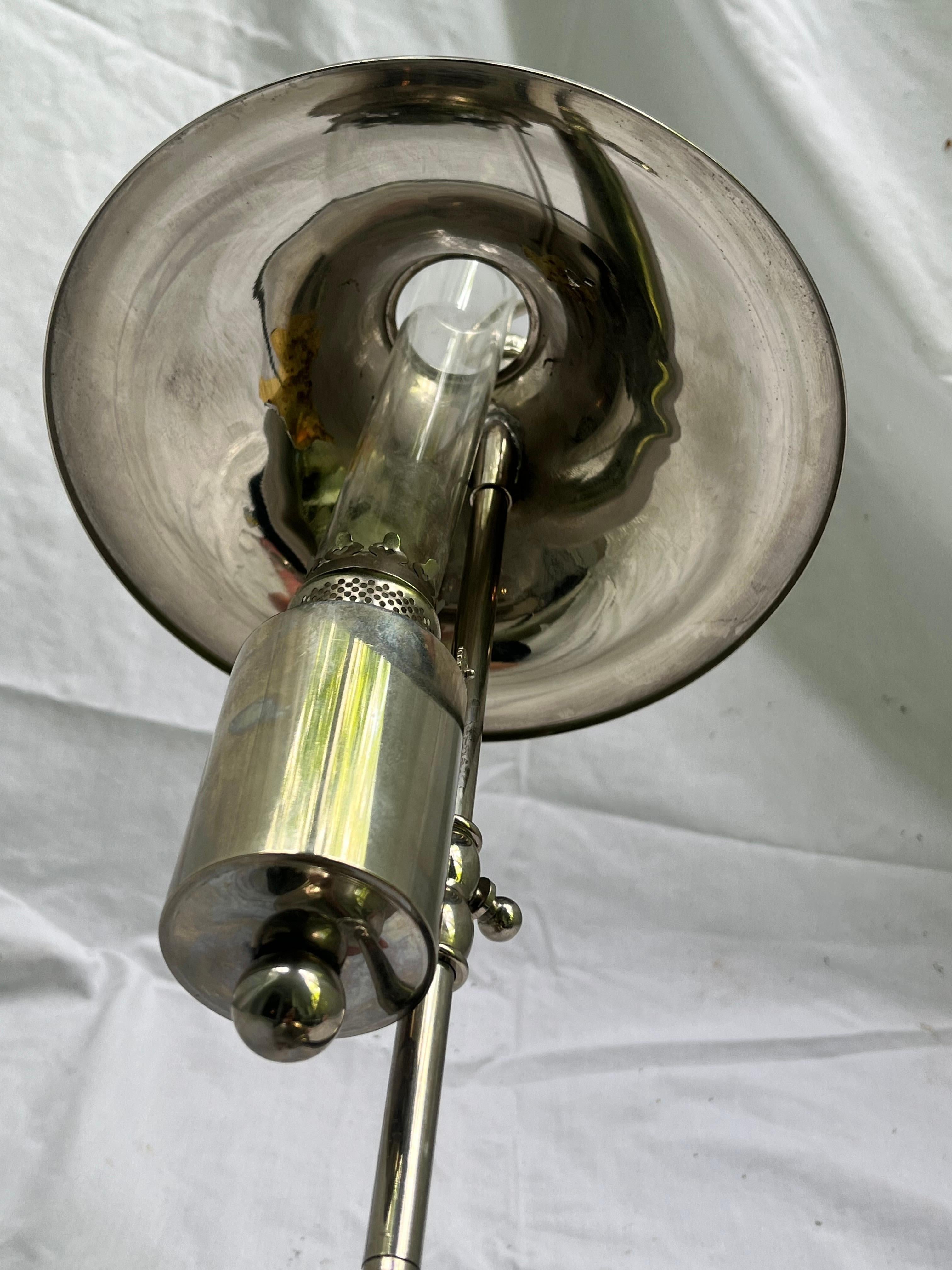 Metal Mid Century Danish Modern Silver Plate Oil Lamp Adjustable Shade Glass Insert For Sale