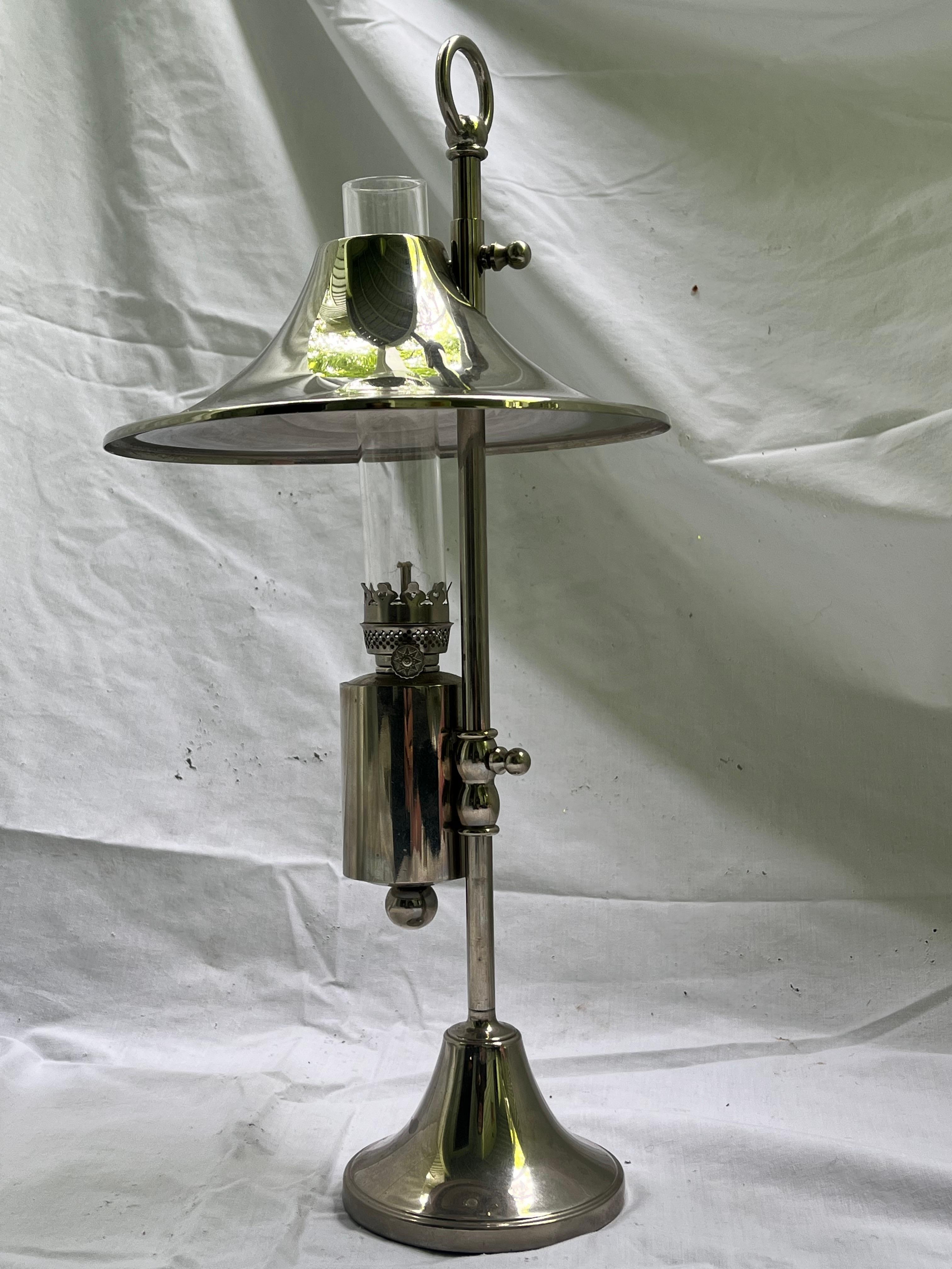 Mid Century Danish Modern Silver Plate Oil Lamp Adjustable Shade Glass Insert For Sale 3