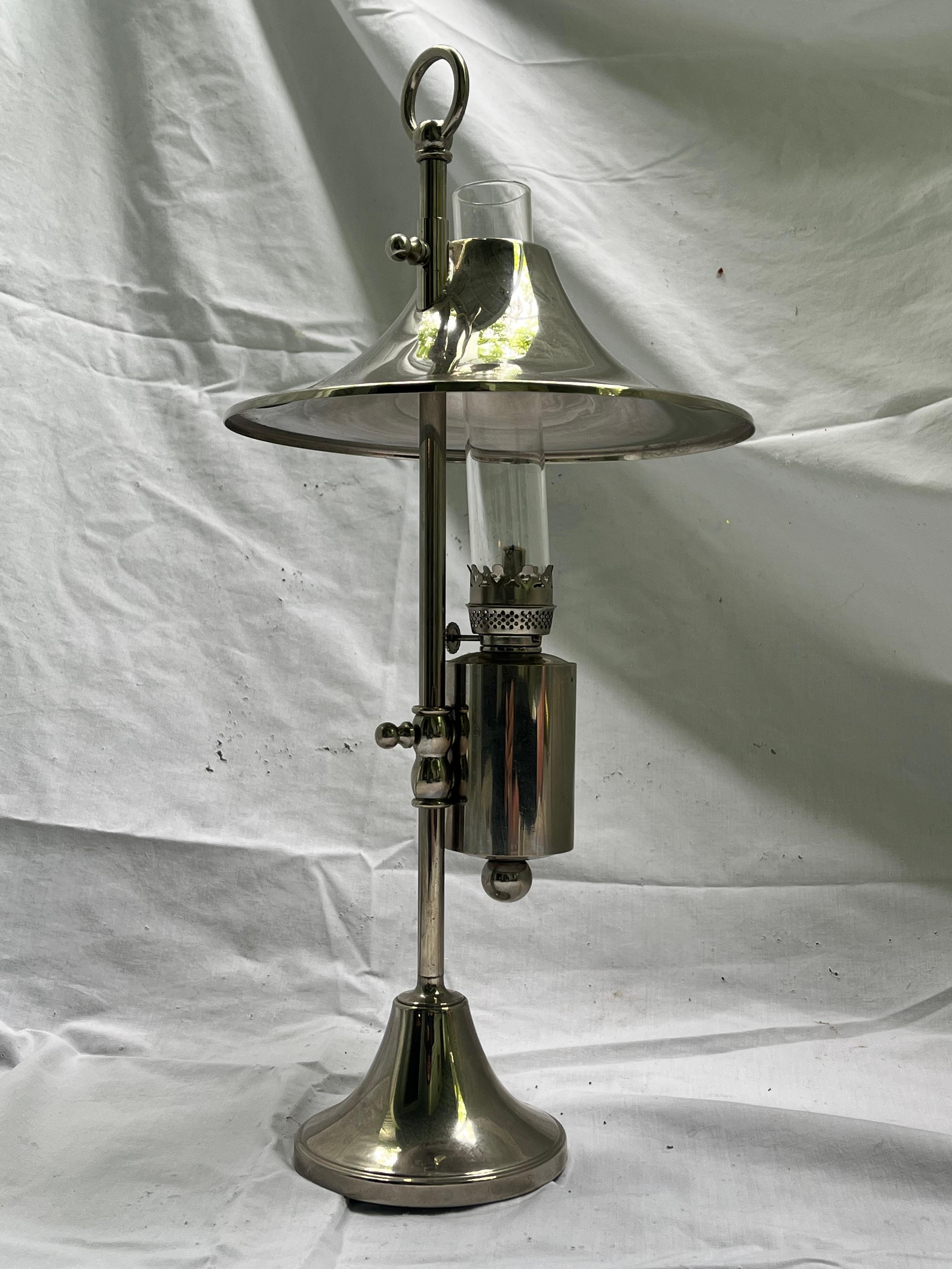 Mid Century Danish Modern Silver Plate Oil Lamp Adjustable Shade Glass Insert For Sale 4