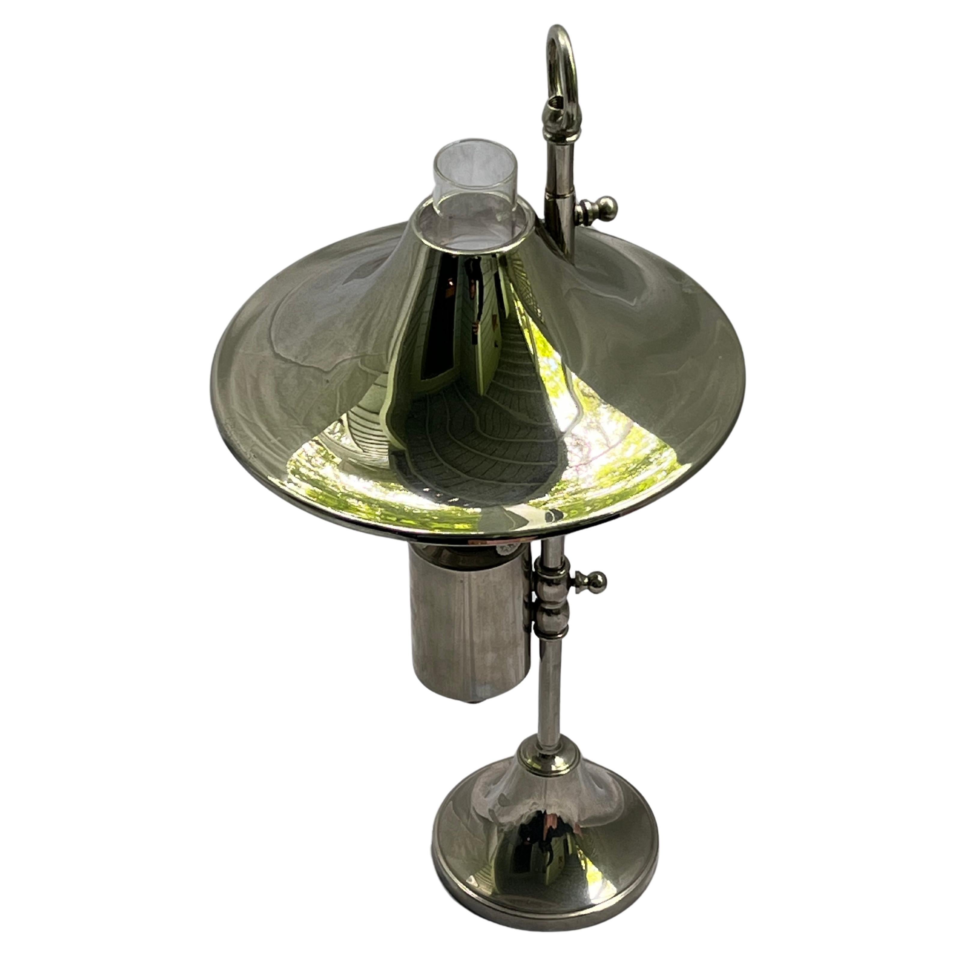 Mid Century Danish Modern Silver Plate Oil Lamp Adjustable Shade Glass Insert For Sale