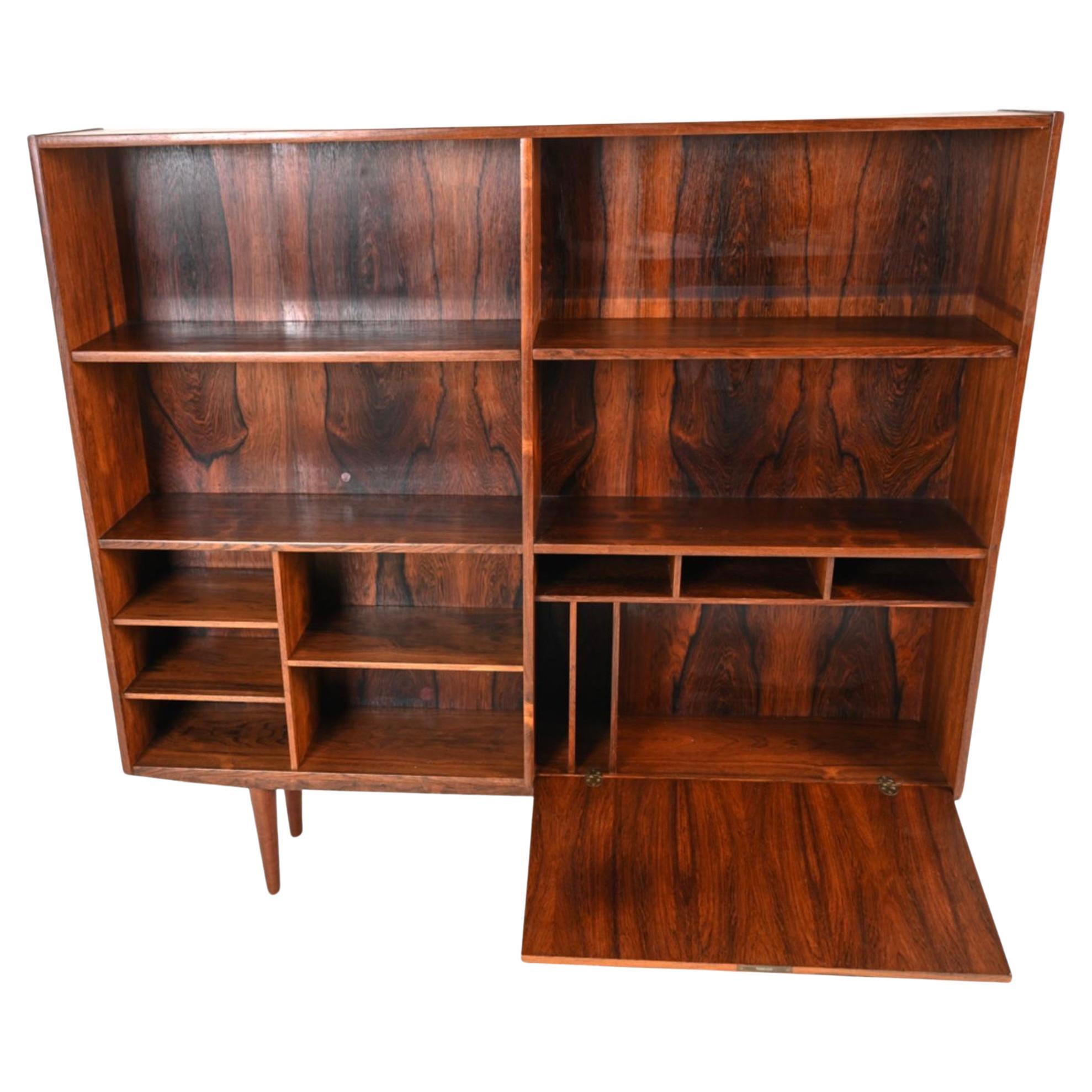 Woodwork Mid Century Danish Modern Slim Rosewood Bookcase with Lower Bar Unit with Key For Sale