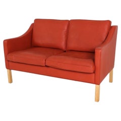 Mid Century Danish Modern Small Red Leather loveseat Sofa oak Legs