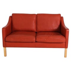 Mid Century Danish Modern Small Red Leather loveseat Sofa oak Legs
