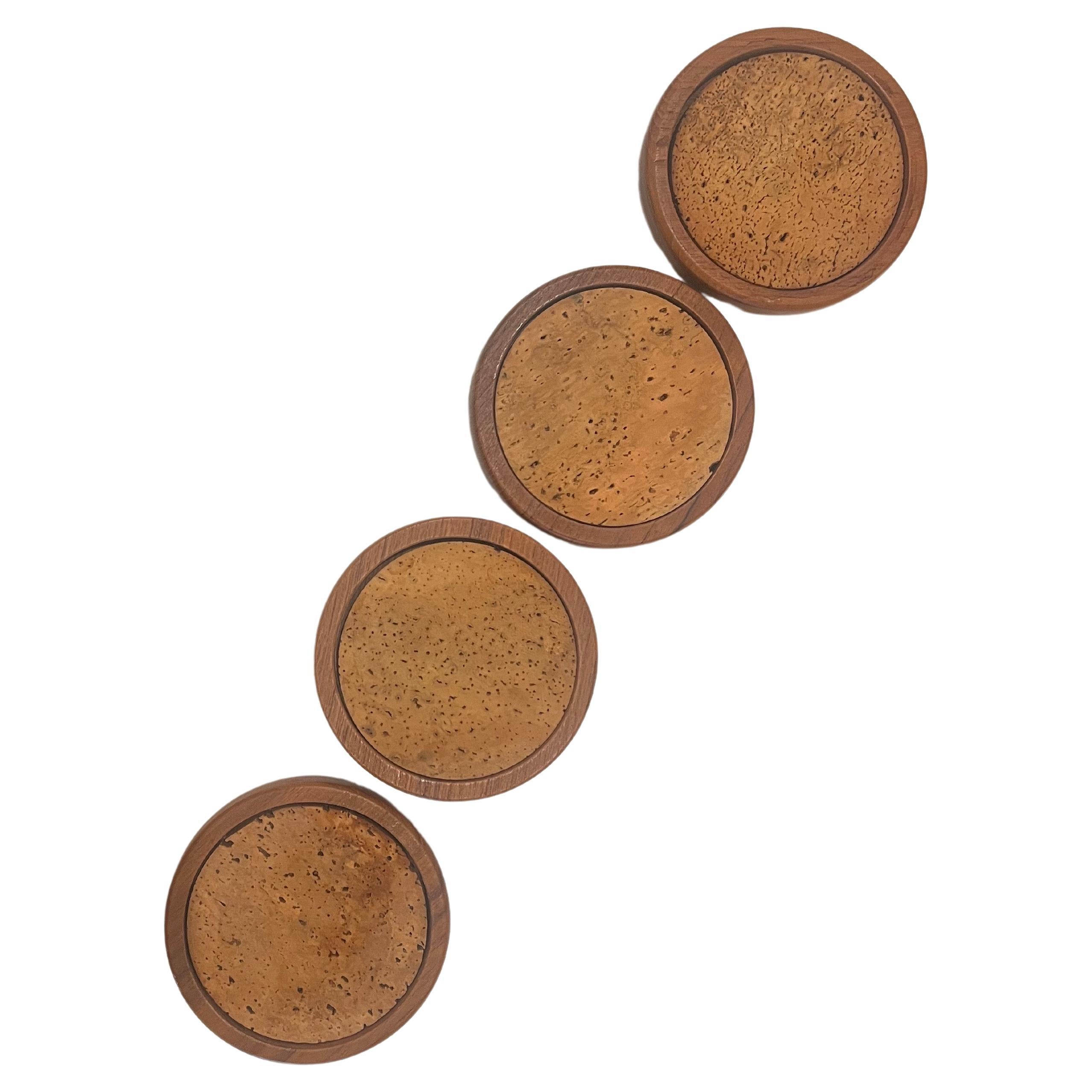 Scandinavian Modern Mid-Century Danish Modern Solid Teak & cork Coaster Set for 4 Dansk Style