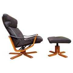 Retro Mid Century Danish Modern Swivel Reclining Lounge Chair in Brown Leather