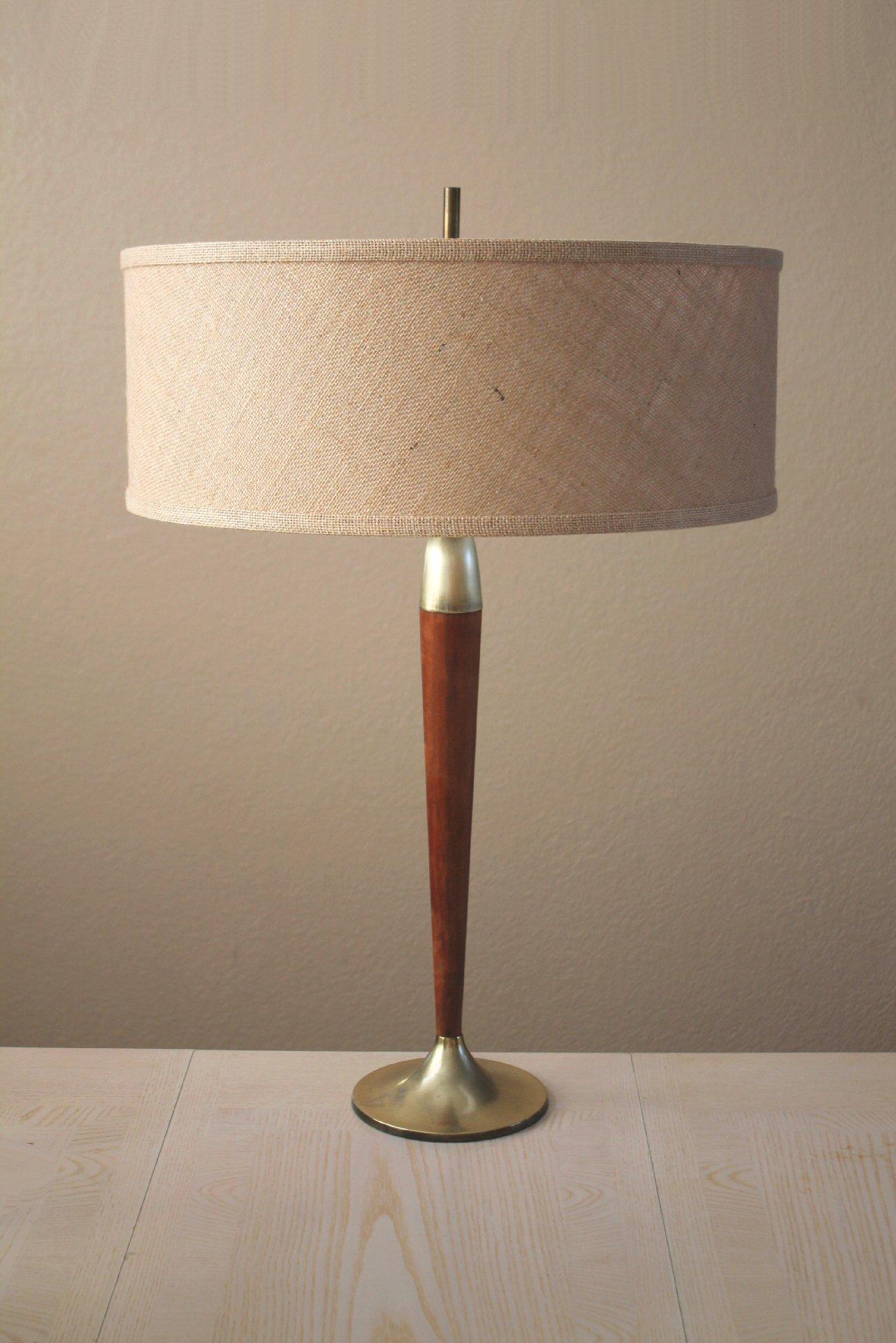 Mid Century Danish Modern Table Lamp! Gerald Thurston Era  1950s Brass & Walnut 3