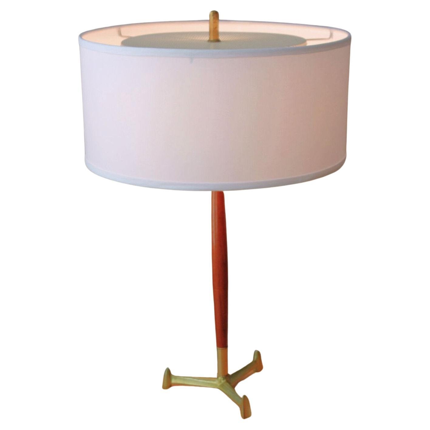 Mid Century Danish Modern Table Lamp! Laurel Thurston 1950s Brass Tripod Walnut For Sale