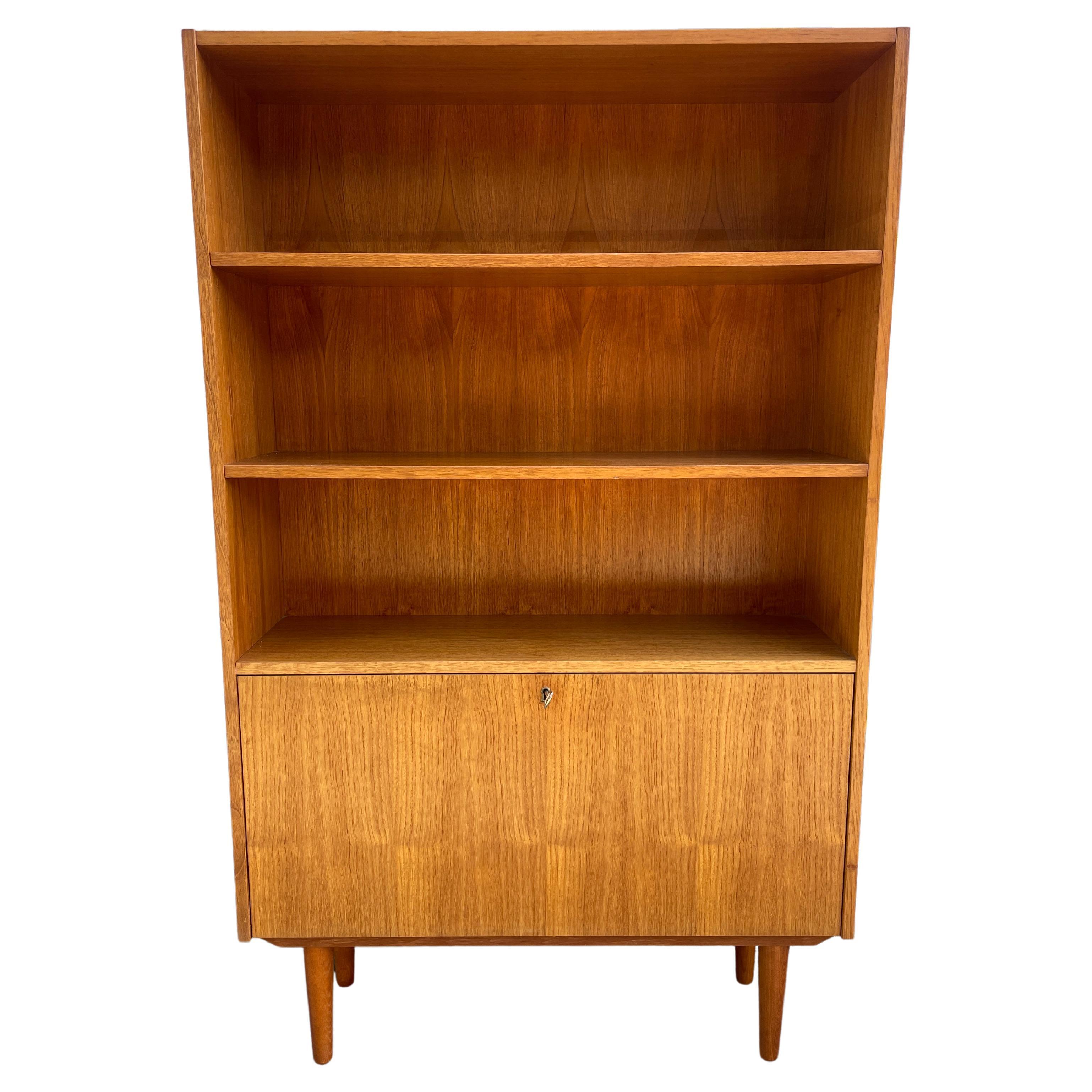 Mid-Century Danish Modern Tall Bookcase with Lower Storage Unit with Key