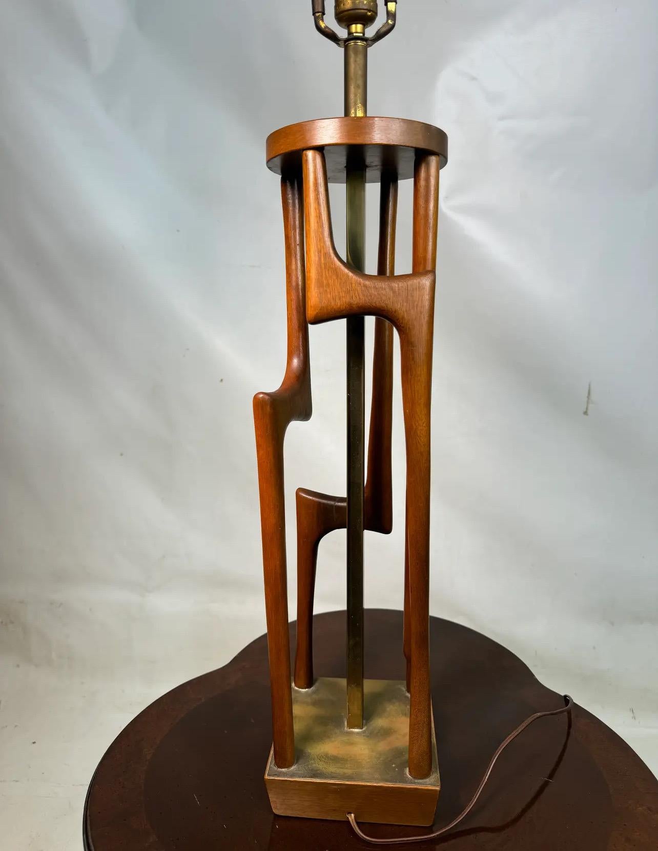 Mid-Century Modern Mid Century Danish Modern Tall Teak and Brass Sculptural Table Lamp For Sale