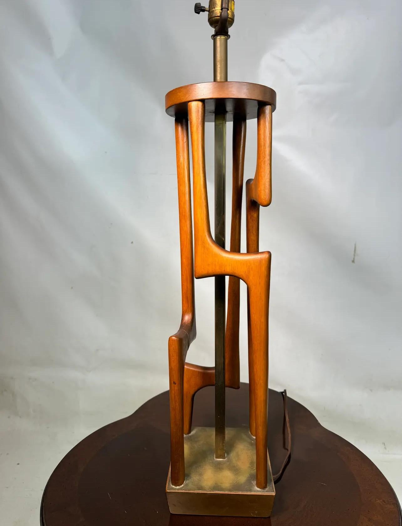 Unknown Mid Century Danish Modern Tall Teak and Brass Sculptural Table Lamp For Sale