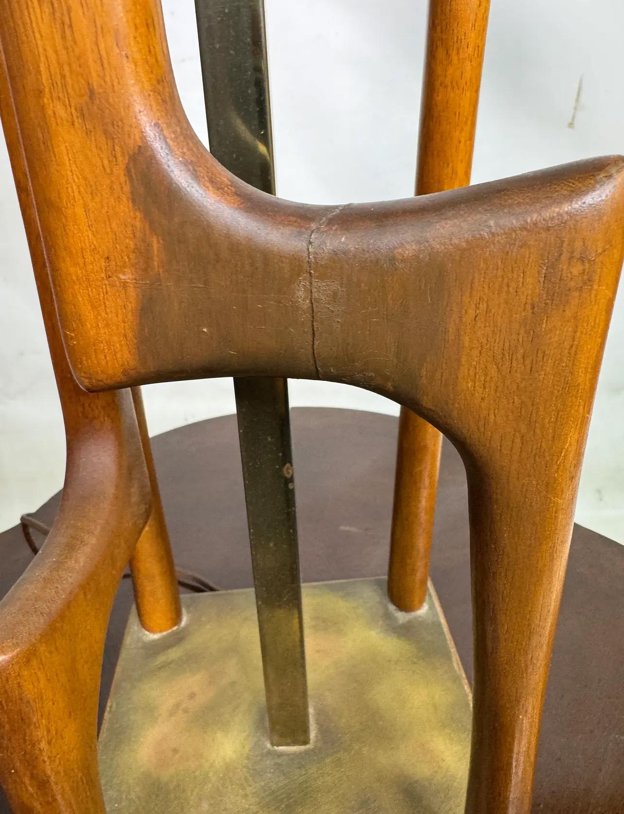 Mid-20th Century Mid Century Danish Modern Tall Teak and Brass Sculptural Table Lamp For Sale