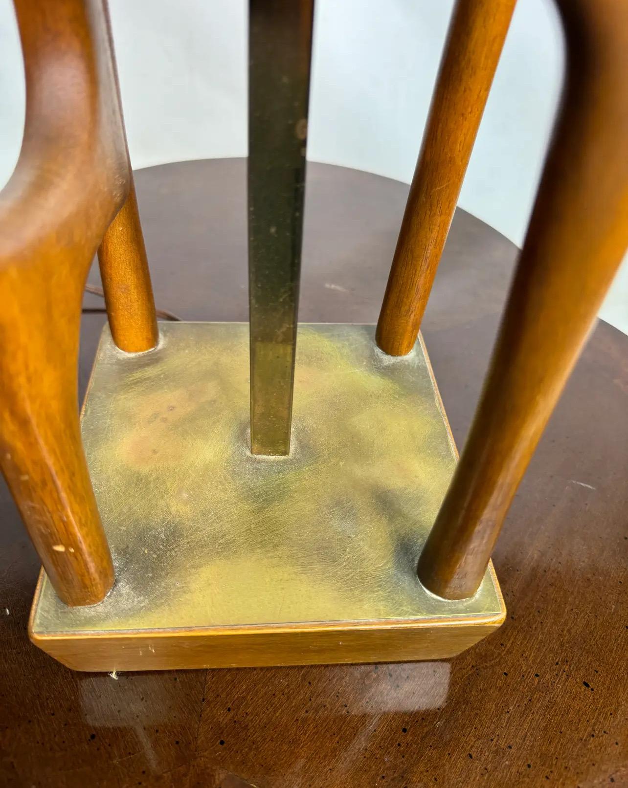 Mid Century Danish Modern Tall Teak and Brass Sculptural Table Lamp For Sale 1
