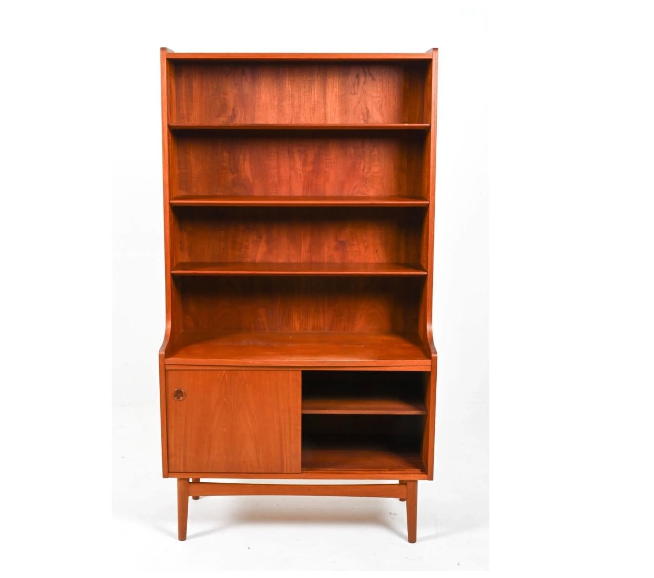 Woodwork Mid Century Danish Modern Tall Teak bookcase with lower credenza For Sale