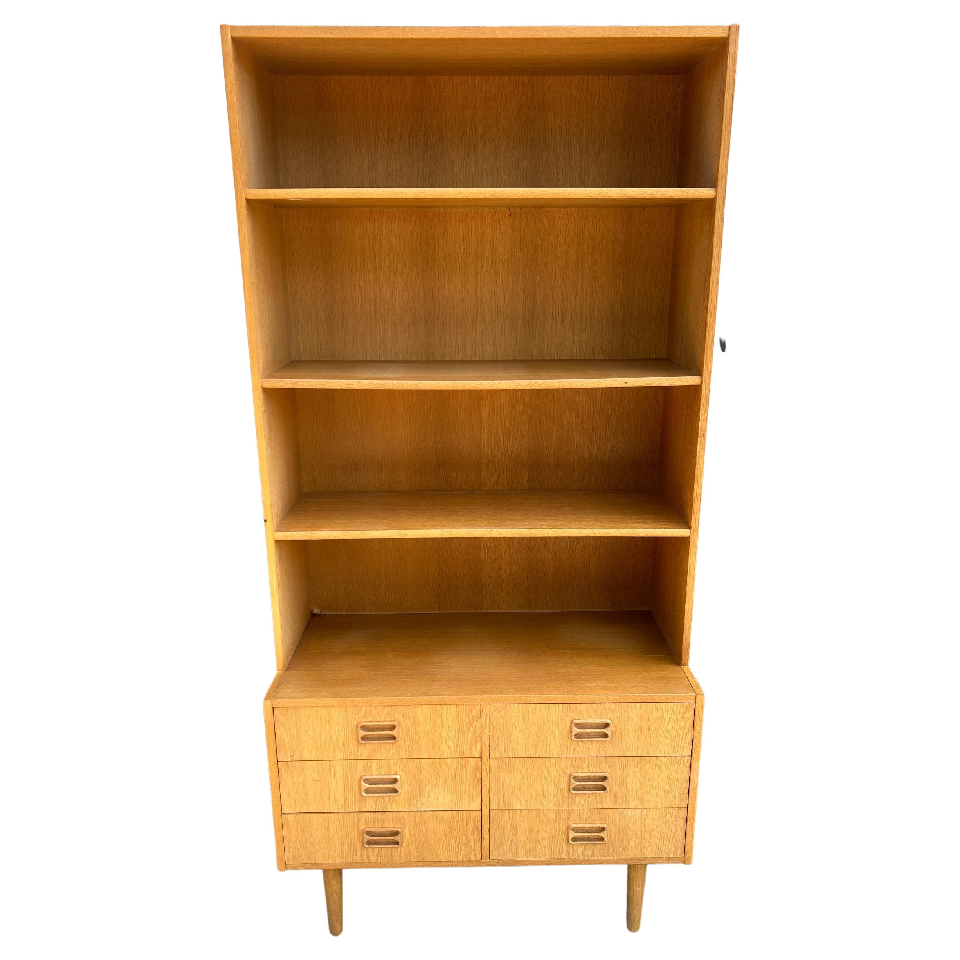 Midcentury Danish Modern Tall White Oak Bookcase with Lower 6 Drawer Dresser For Sale