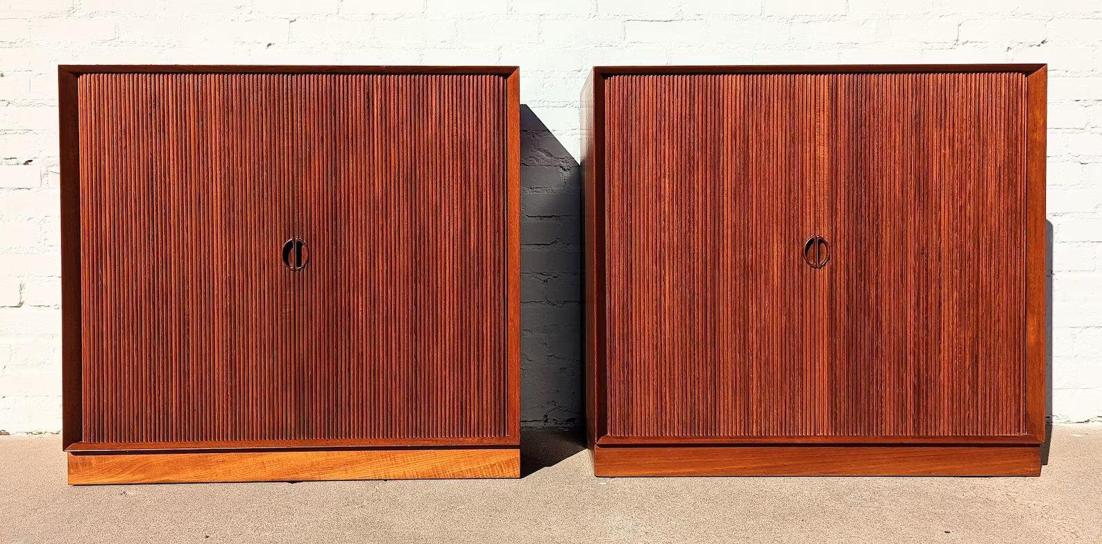 Mid Century Danish Modern Tambour Door Cabinet by Hvidt & Molgaard

2 available. List price is for each item. Above average vintage condition and structurally sound. Has some expected slight finish wear and scratching. Has a couple small edge dings.