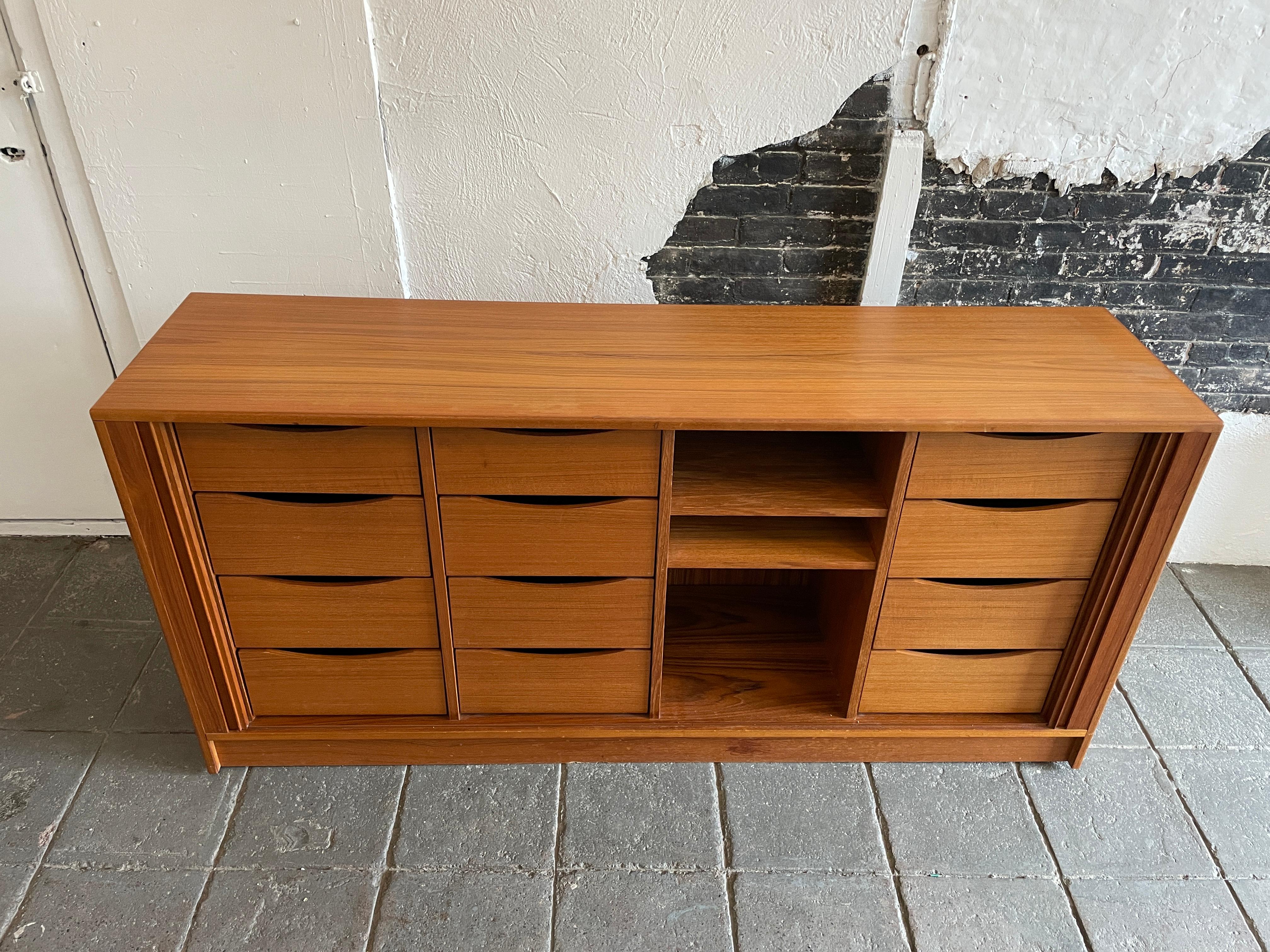 Woodwork Mid Century Danish Modern Tambour Door Credenza Dresser with 12 Drawer  For Sale