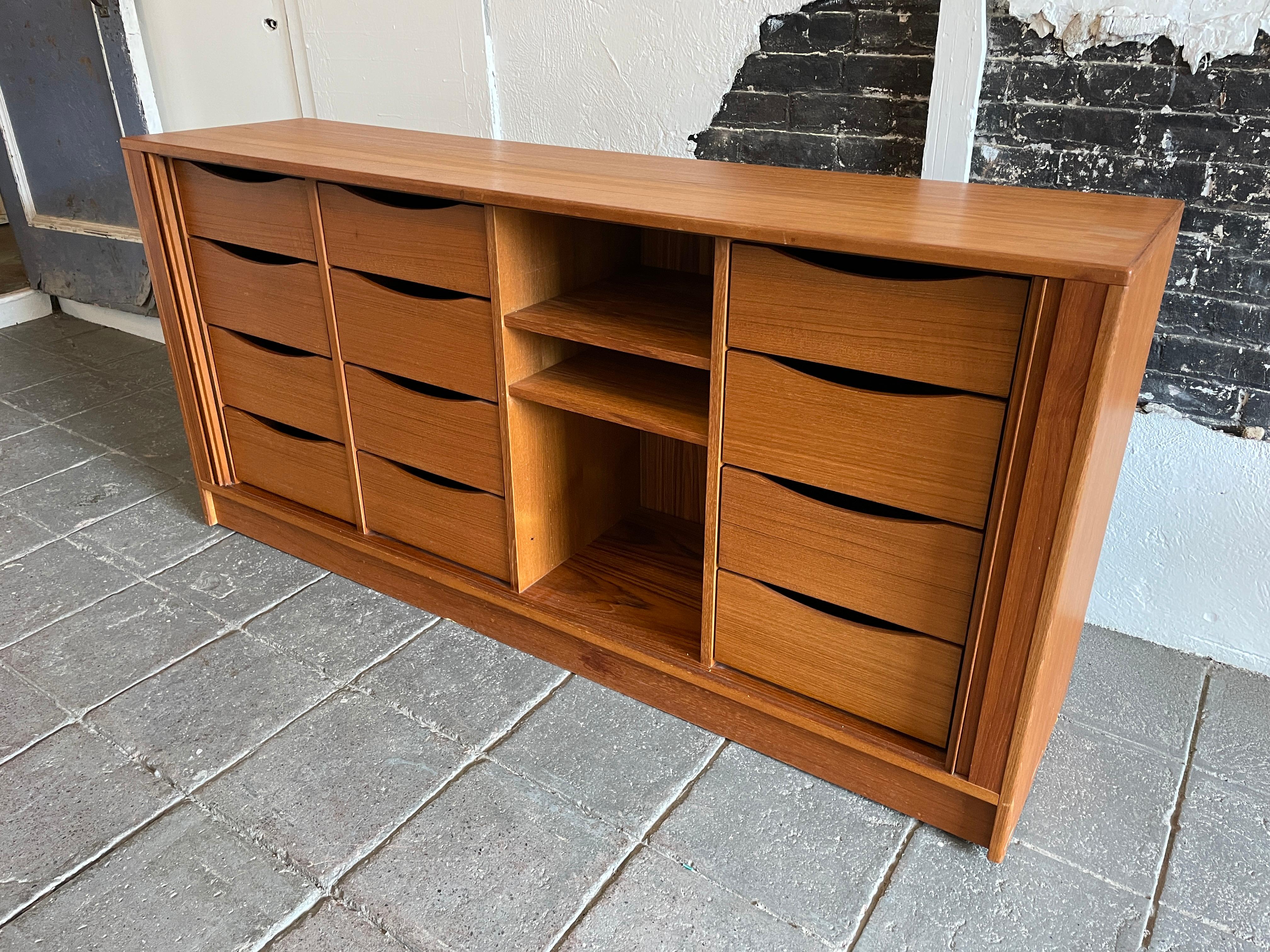 Mid Century Danish Modern Tambour Door Credenza Dresser with 12 Drawer  In Good Condition For Sale In BROOKLYN, NY