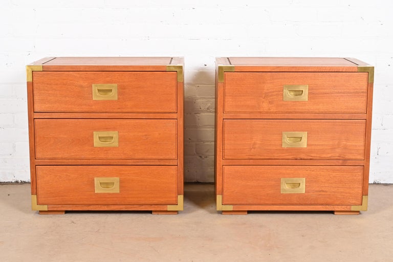 Midcentury Danish Modern Teak and Brass Campaign Nightstands, Pair For